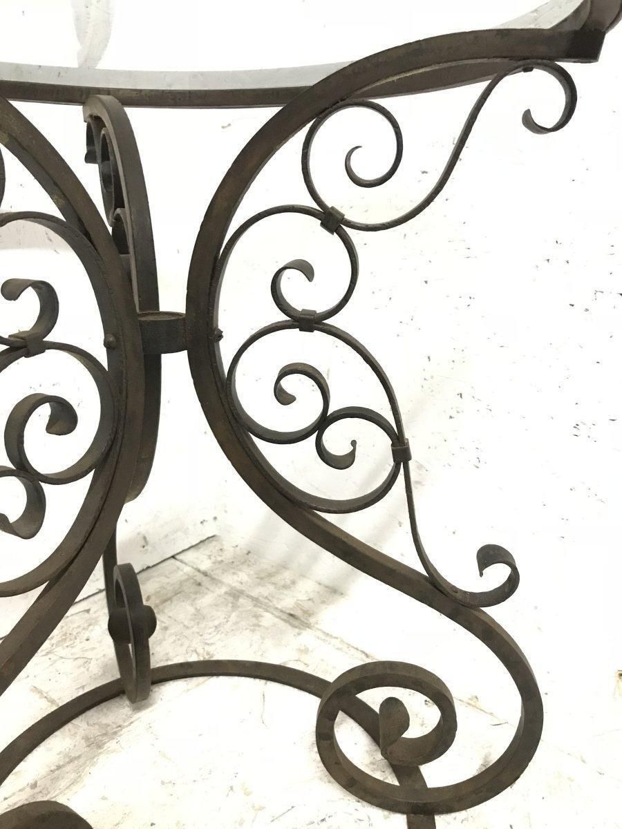 A Pair Of Arts & Crafts Hand Formed Wrought Iron Side Tables With Scroll Details photo vintage