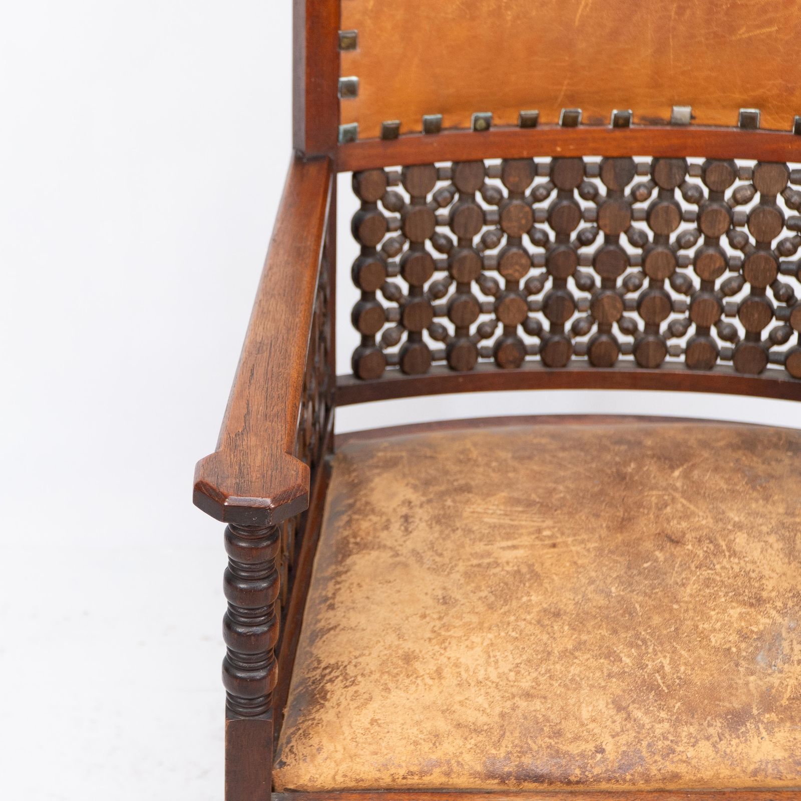 photo for sale Liberty & Co. A Moorish Arts & Crafts Walnut Armchair With Original Leather Seat
