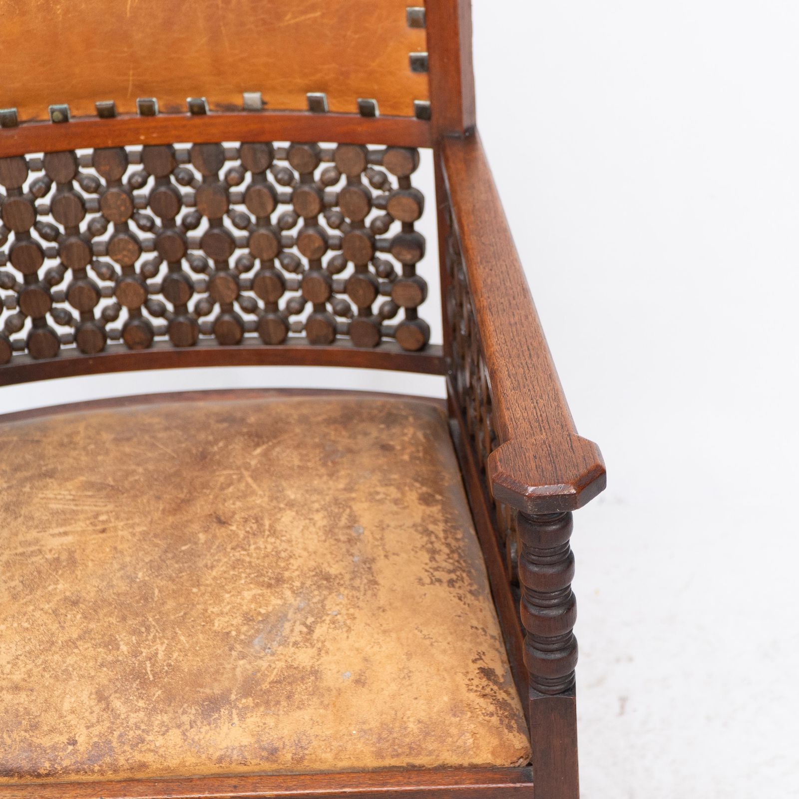 Furniture Liberty & Co. A Moorish Arts & Crafts Walnut Armchair With Original Leather Seat photo