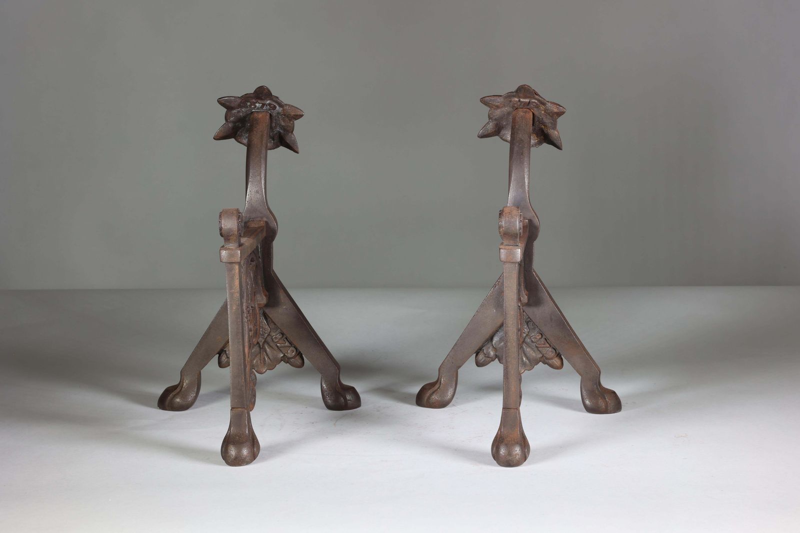photo vintage DR C Dresser (Style Of). A Pair Of Arts And Crafts Cast Iron Fire Dogs
