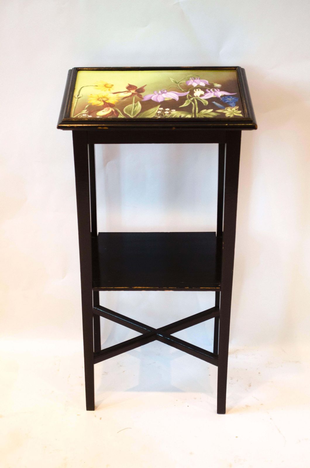 Aesthetic Movement Ebonized Side Table With Hand Painted Floral Tile To The Top photo for sale