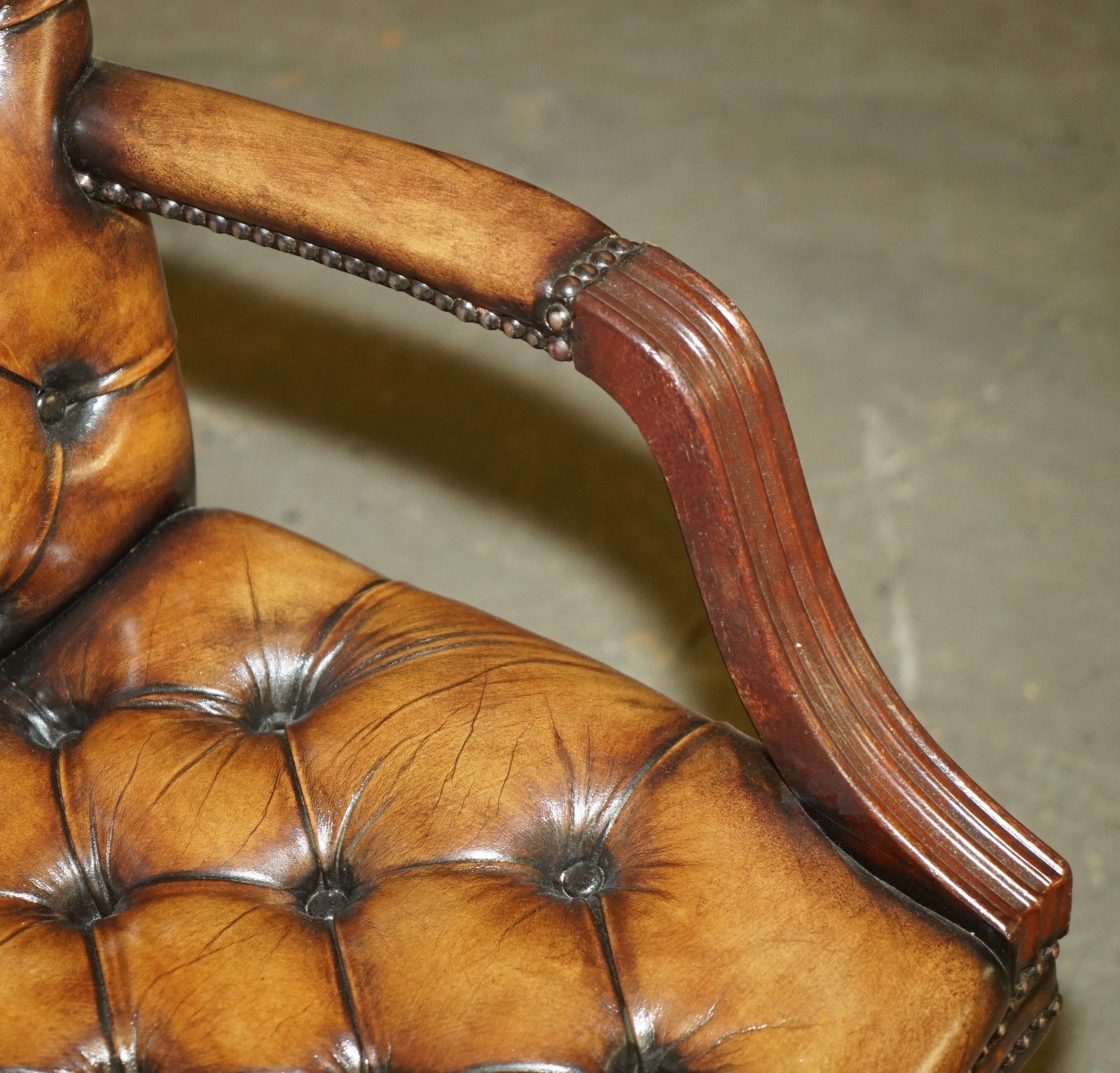photo for sale Lovely Restored Hand Dyed Cigar Brown Leather Chesterfield Tufted Captains Chair