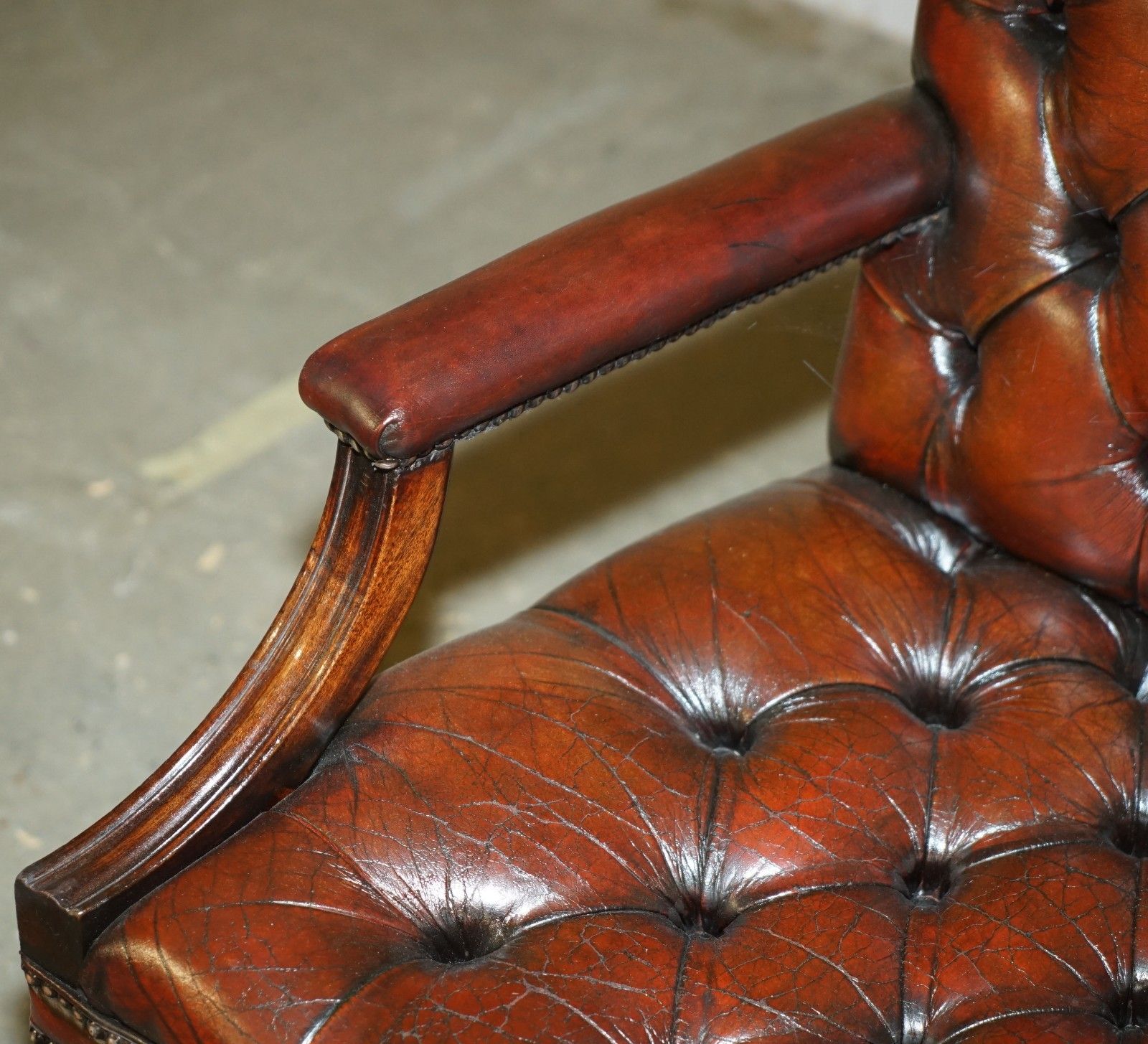 photo for sale Fine Fully Restored Vintage George II Style Chesterfield Tufted Leather Armchair
