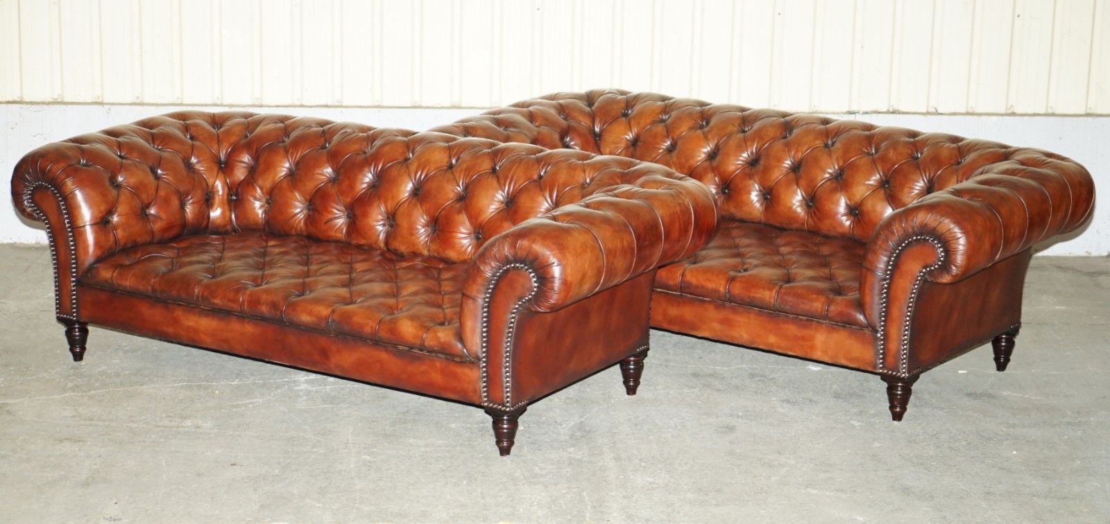 Pair Of George Smith Early Victorian Brown Leather Chesterfield Tufted Sofas photo furniture
