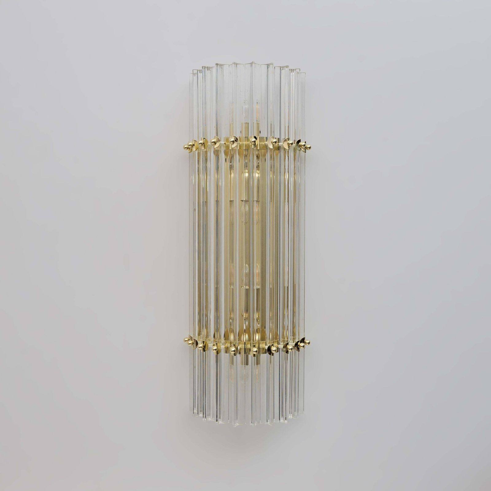 Pair Of Venini Style Mid Century Brass And Murano Glass "Triedri" Sconces photo for sale