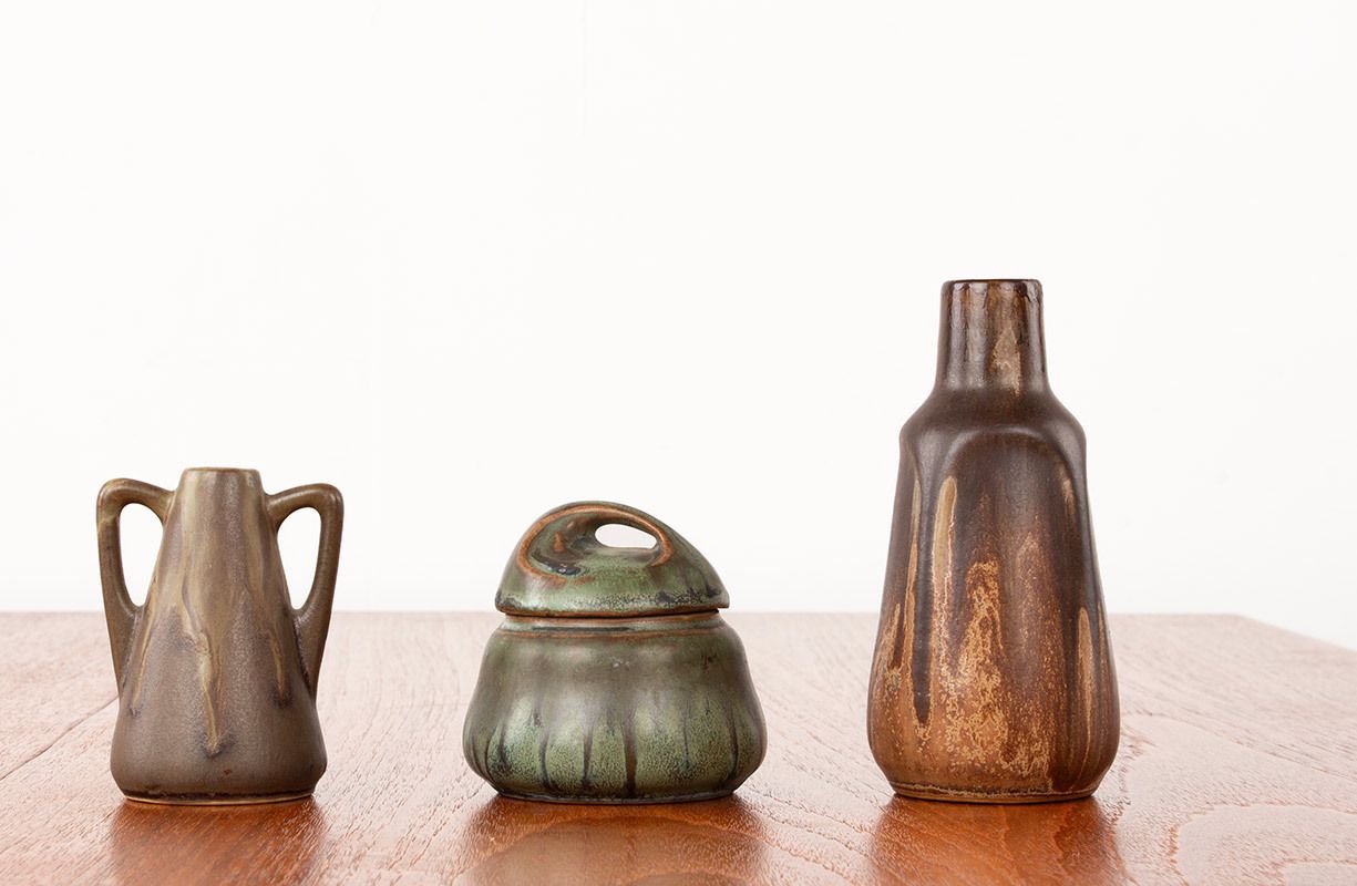 Ensemble de 3 céramiques Art déco Denbac en grès flammé, 1930. photo for sale