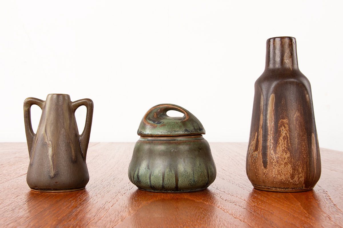 Set Of 3 Denbac Art Deco Ceramics In Flamed Stoneware 1930.