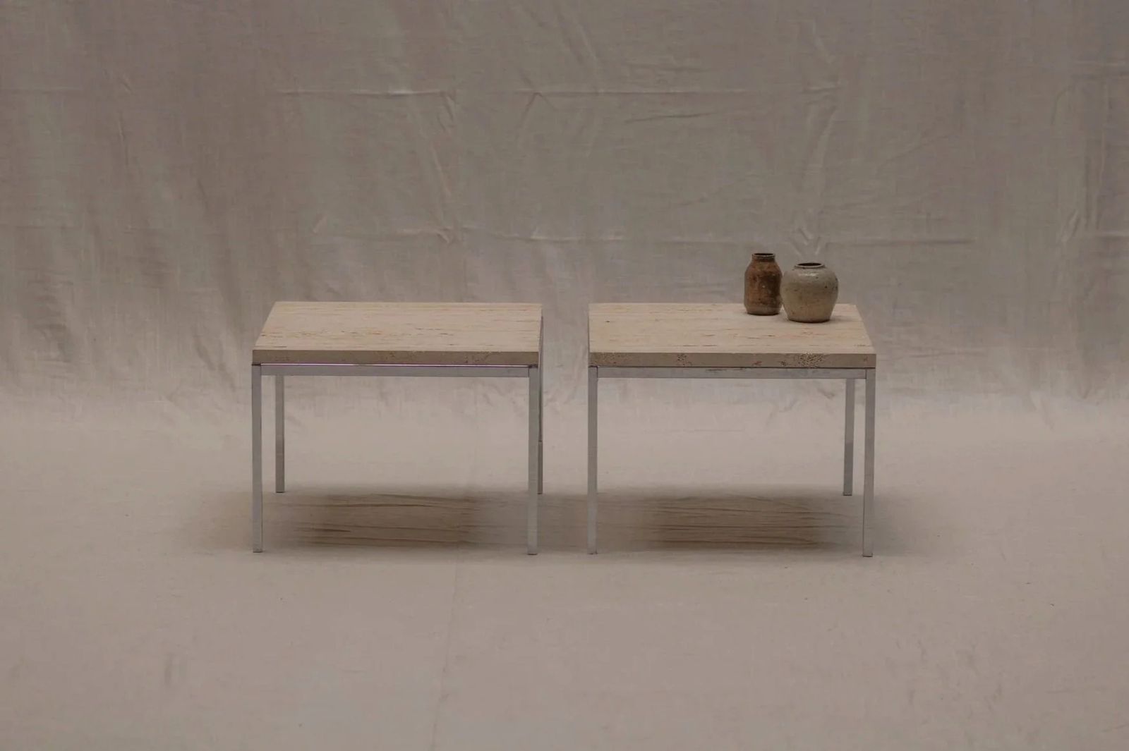 Set Of Two Modernist Side Tables In Travertine And Chrome   1970s