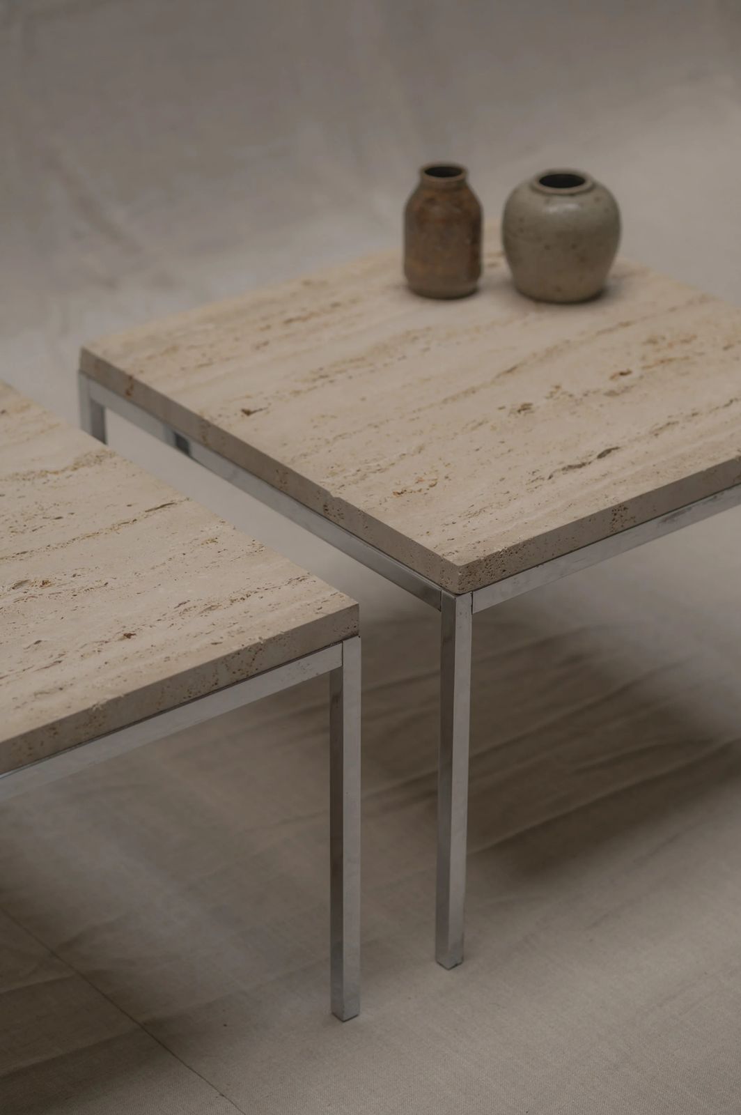 Set Of Two Modernist Side Tables In Travertine And Chrome   1970s photo vinterior