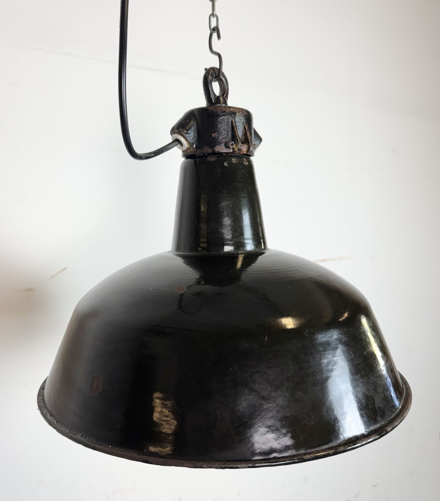 Industrial Black Enamel Factory Lamp With Cast Iron Top, 1950s photo for sale