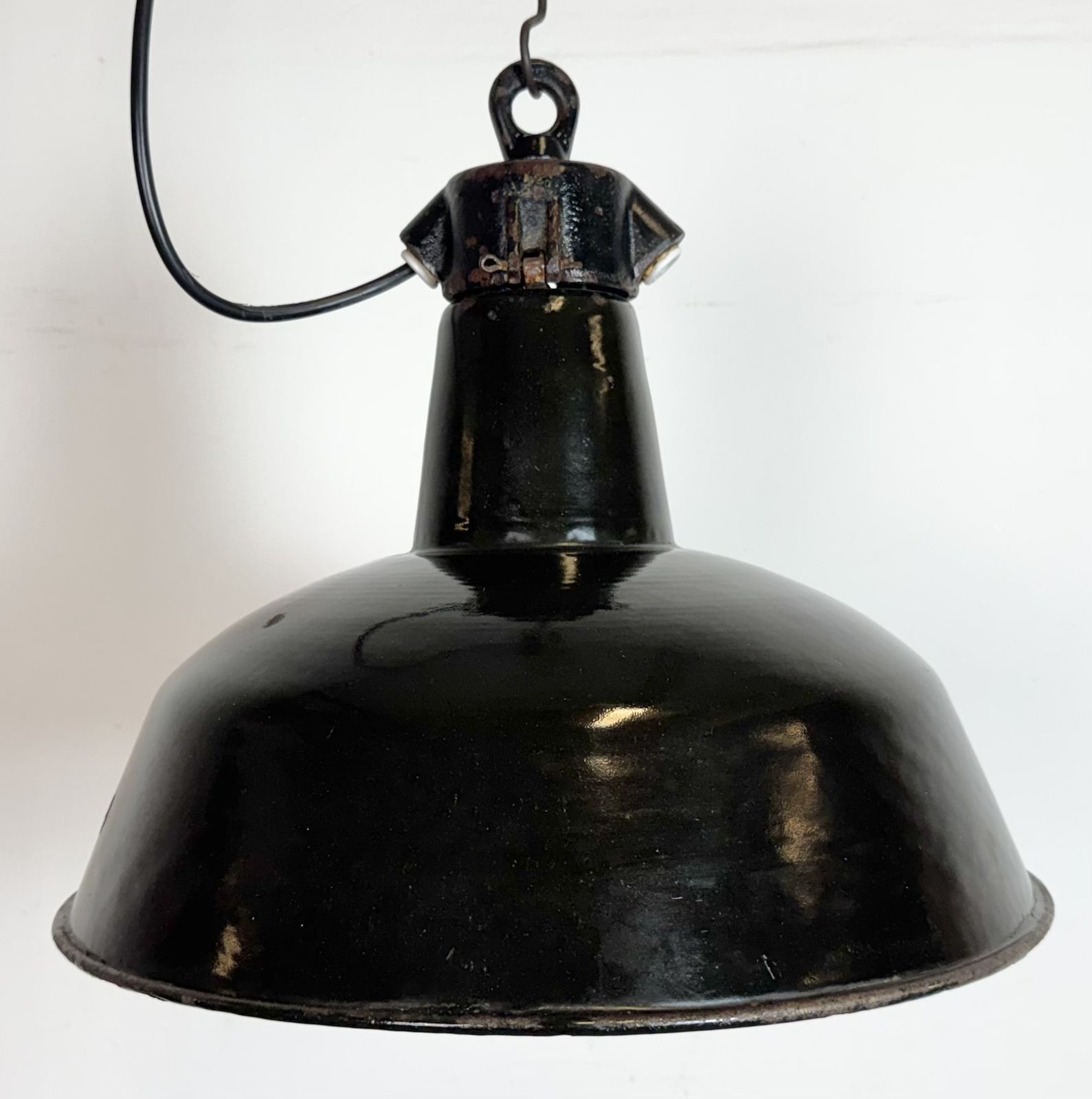 Industrial Black Enamel Factory Lamp With Cast Iron Top, 1950s photo Lighting