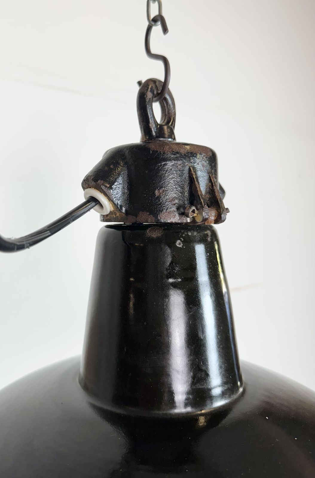 Industrial Black Enamel Factory Lamp With Cast Iron Top, 1950s photo vinterior