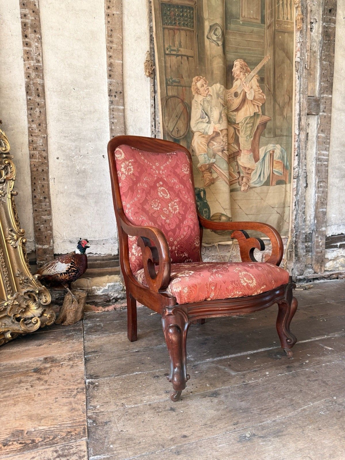 English Antique Mahogany Victorian Large Scrolled Elbow Arm Chair C 1860 photo for sale
