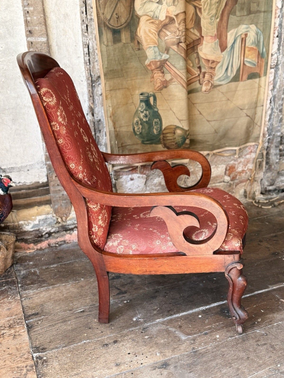 English Antique Mahogany Victorian Large Scrolled Elbow Arm Chair C 1860 photo vinterior