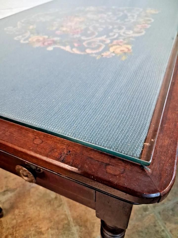 Antique Tapestry Topped Occasional Table With Single End Draw Glass Top photo for sale