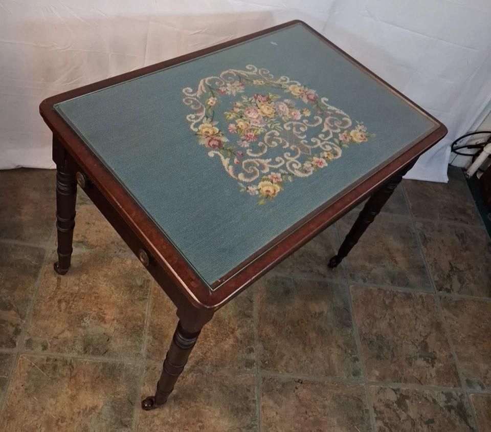 Antique Tapestry Topped Occasional Table With Single End Draw Glass Top photo buy