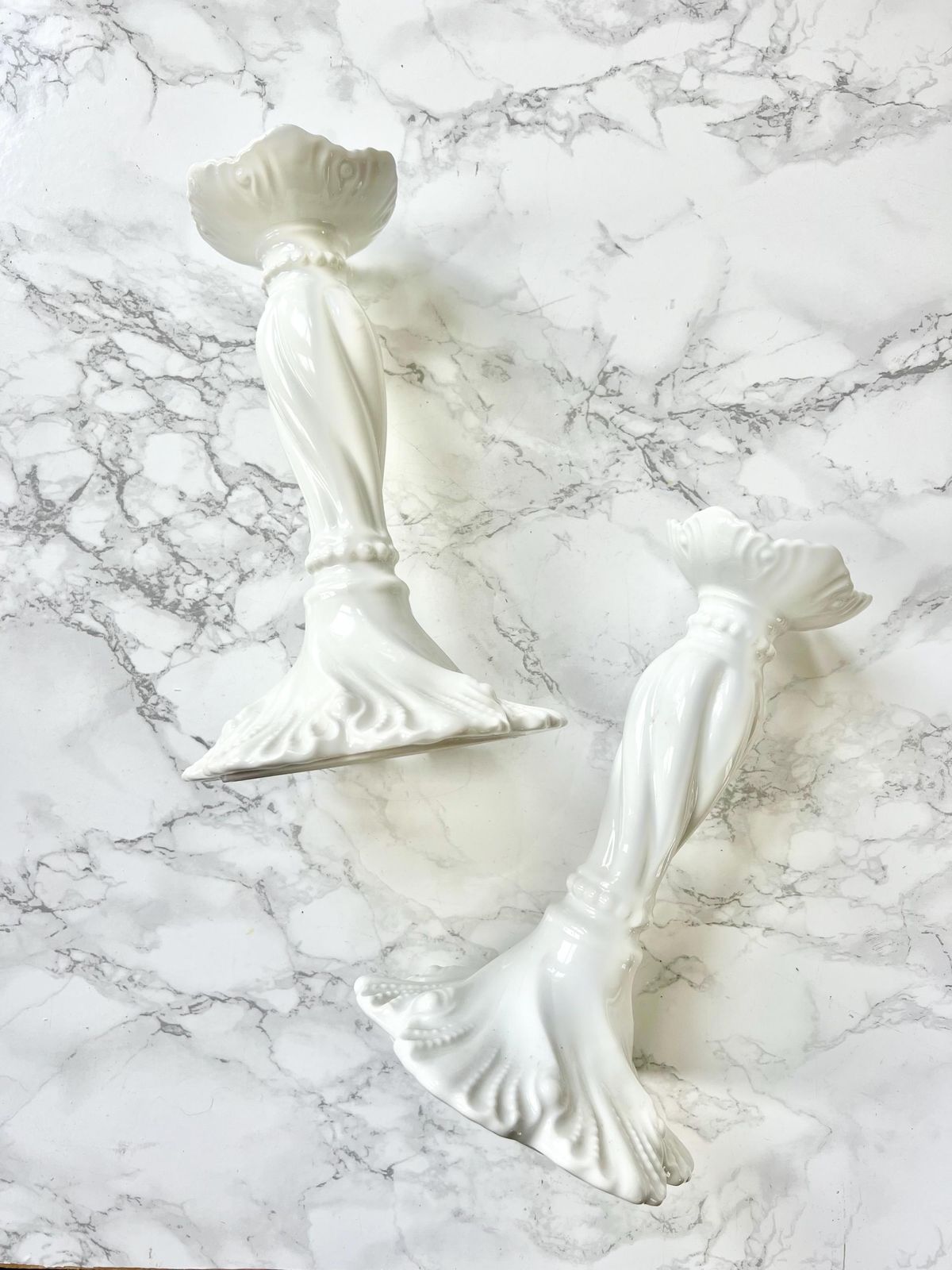 Limoges Antique White Porcelain Tall Pair Candlestick Holder Sea Decor Rococo Rocaille French Chateau Embossed Shell Signed 1800