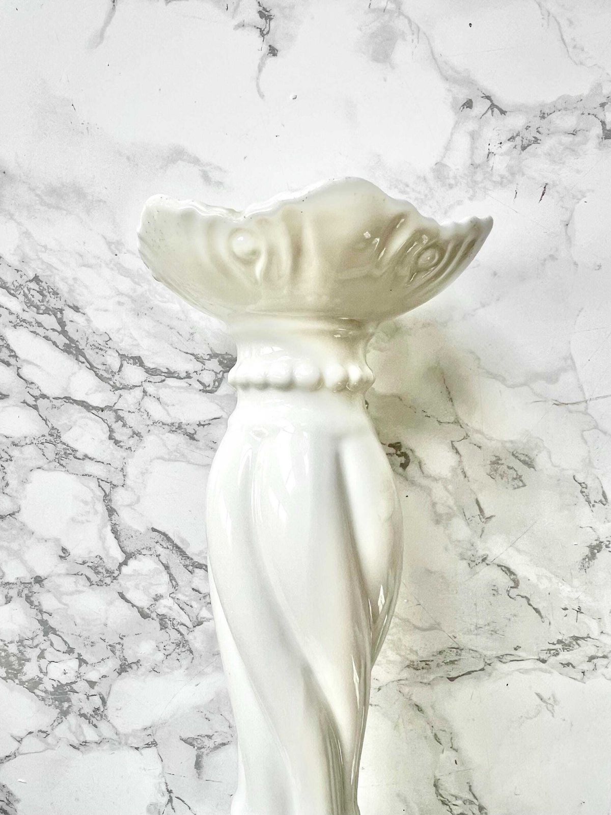 Limoges Antique White Porcelain Tall Pair Candlestick Holder Sea Decor Rococo Rocaille French Chateau Embossed Shell Signed 1800 photo for sale