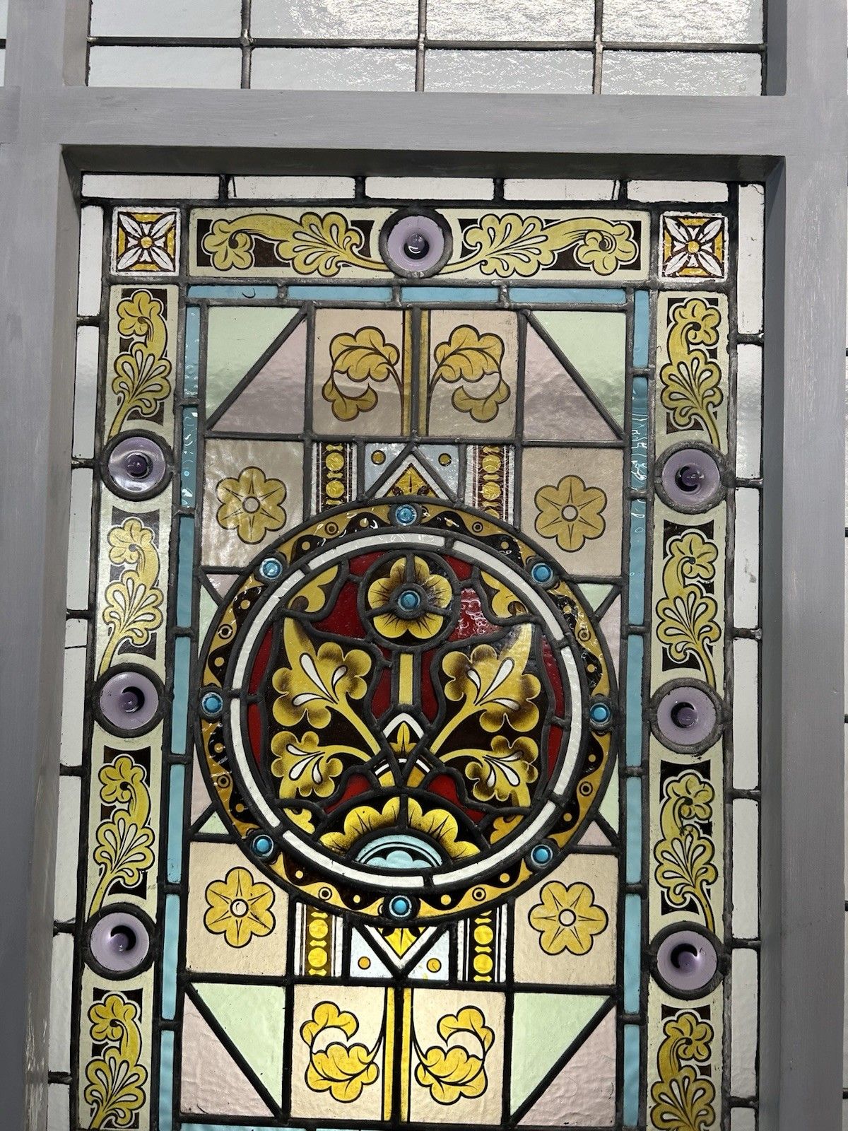 Victorian Stained Glass Hand Painted Rare Window Panel Old Restored Antique Lead photo Art
