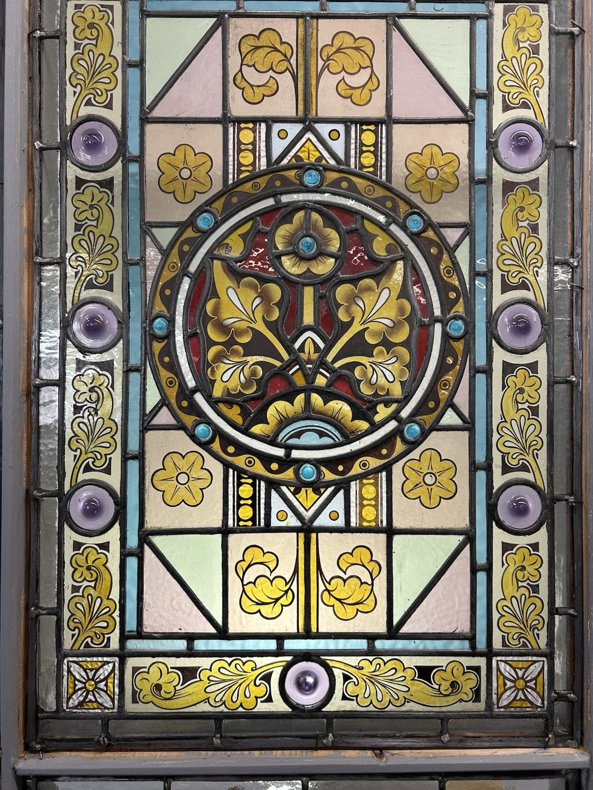 Victorian Stained Glass Hand Painted Rare Window Panel Old Restored Antique Lead photo vintage