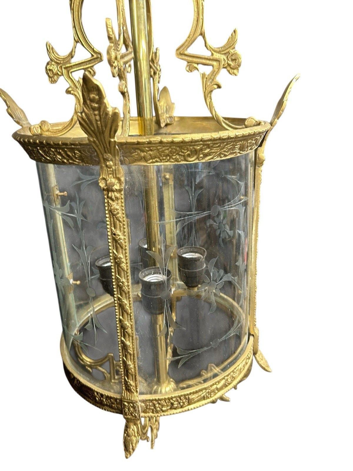 Antique Large Gilt French Lantern Ceiling Lamp Period Ormolu Brass Old Etched photo vintage
