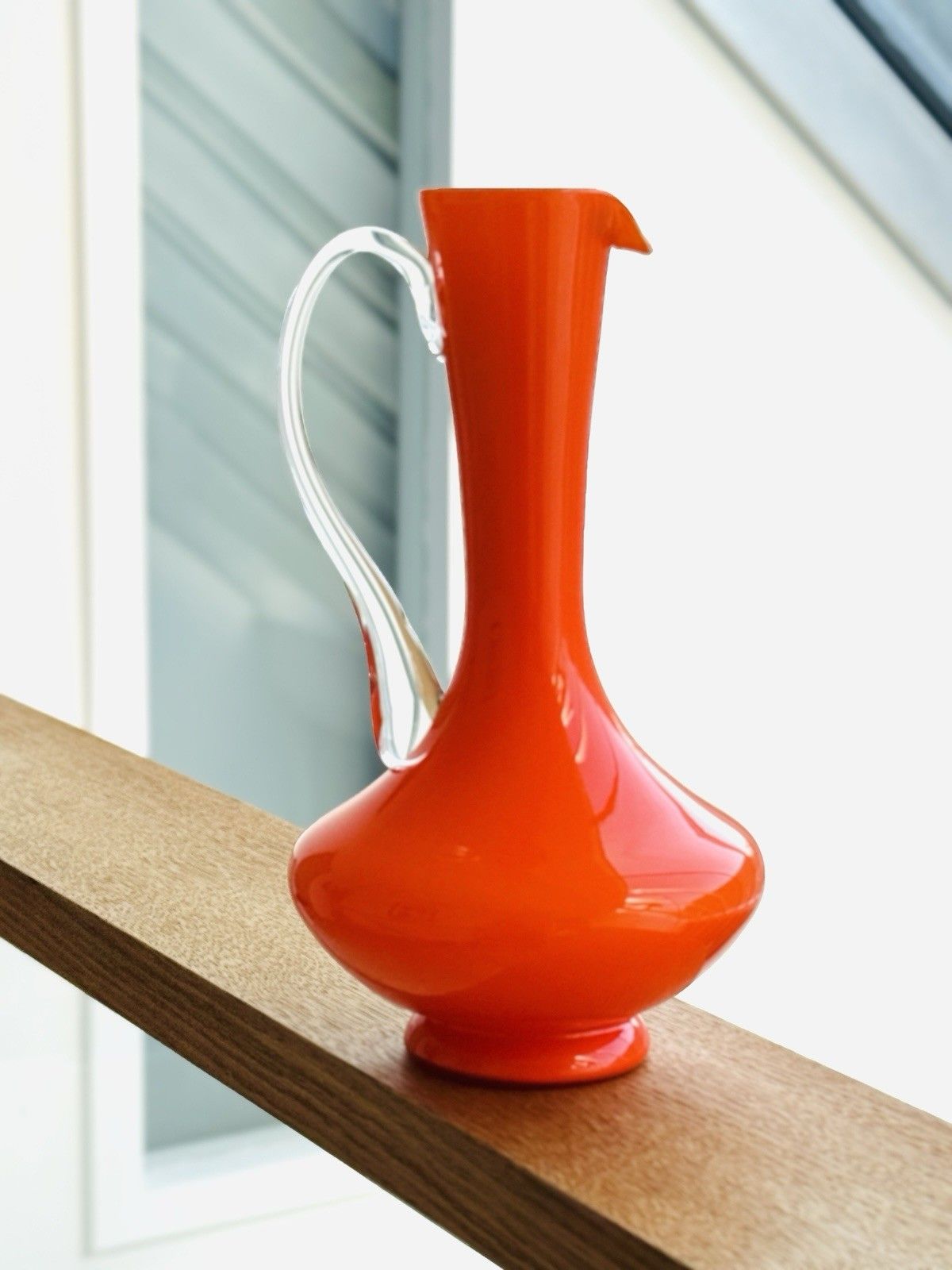 Vintage 1970s Italian Empoli Fiorentina Orange Opaline Glass Jug, Clear Handle photo 90.0