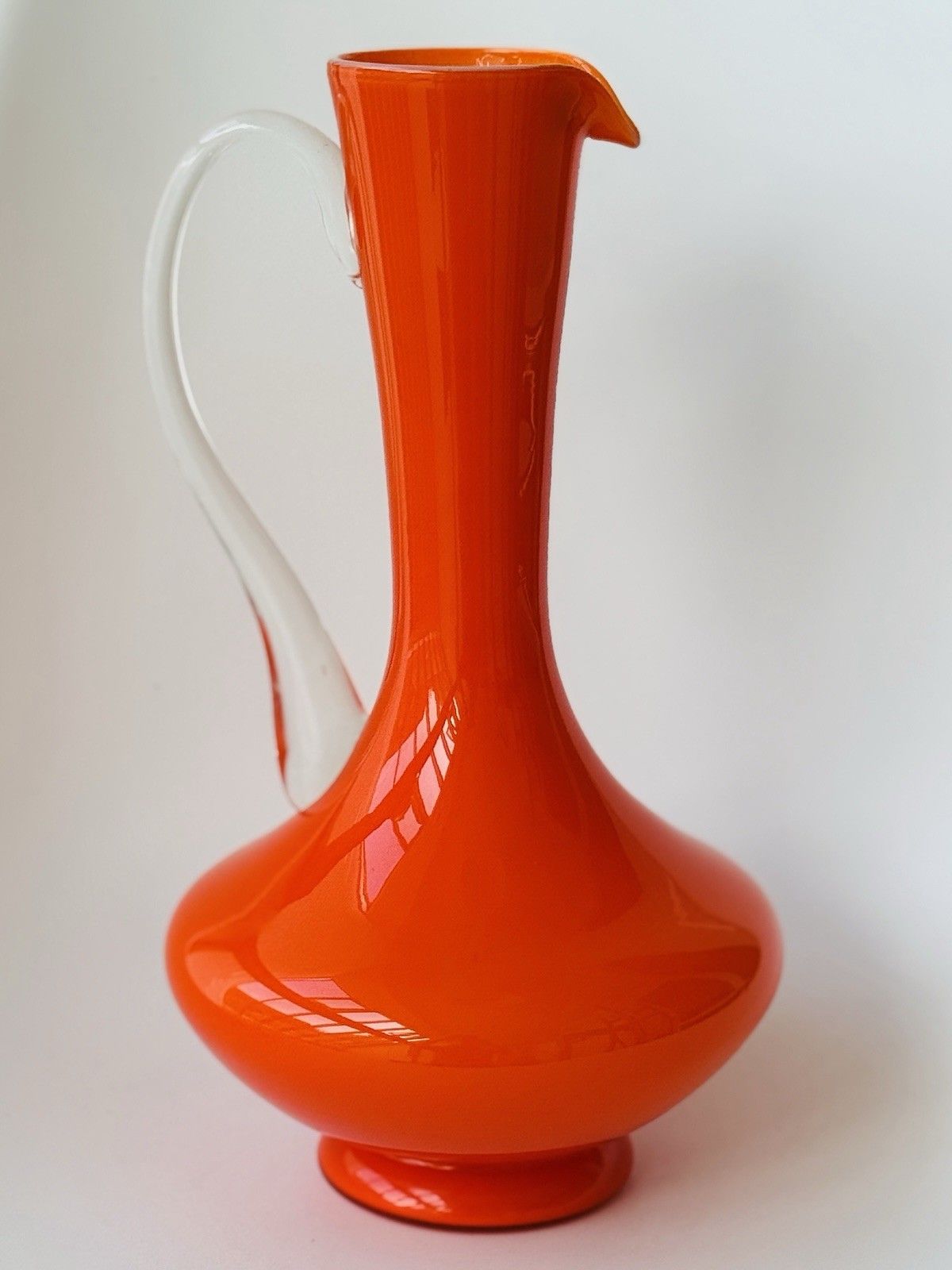 Vintage 1970s Italian Empoli Fiorentina Orange Opaline Glass Jug, Clear Handle photo vintage