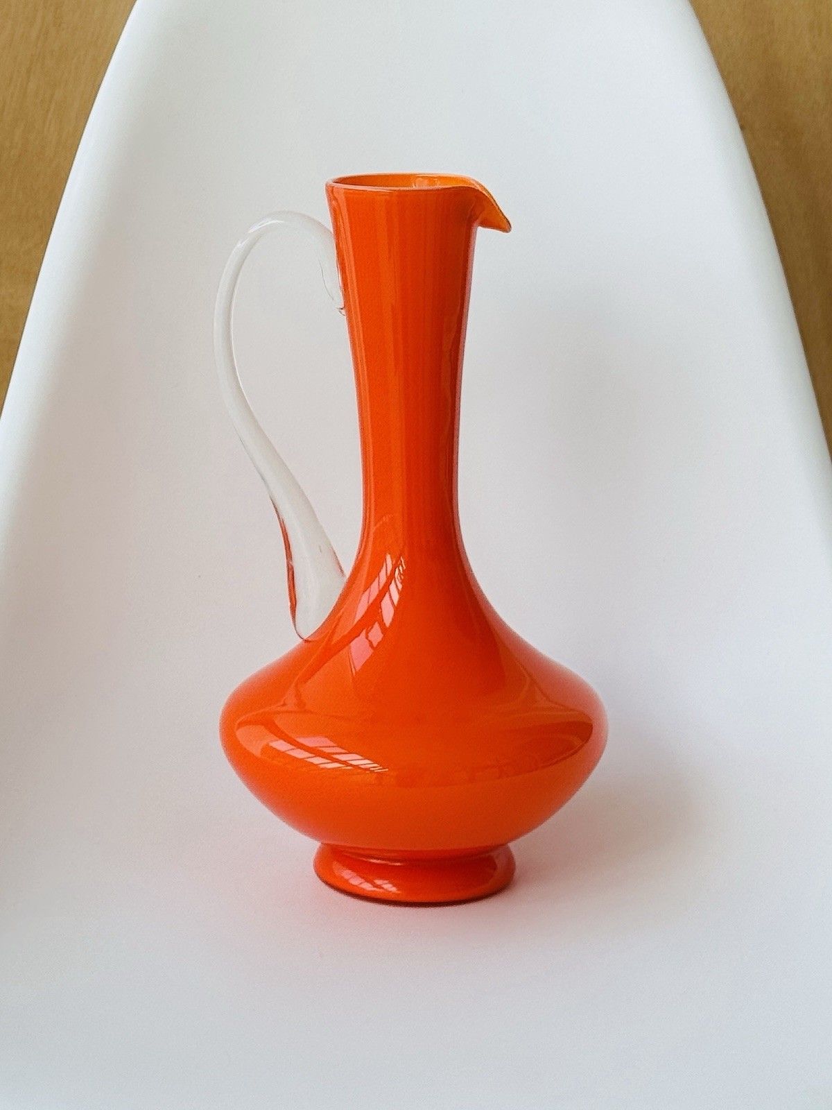 90.0 Vintage 1970s Italian Empoli Fiorentina Orange Opaline Glass Jug, Clear Handle photo