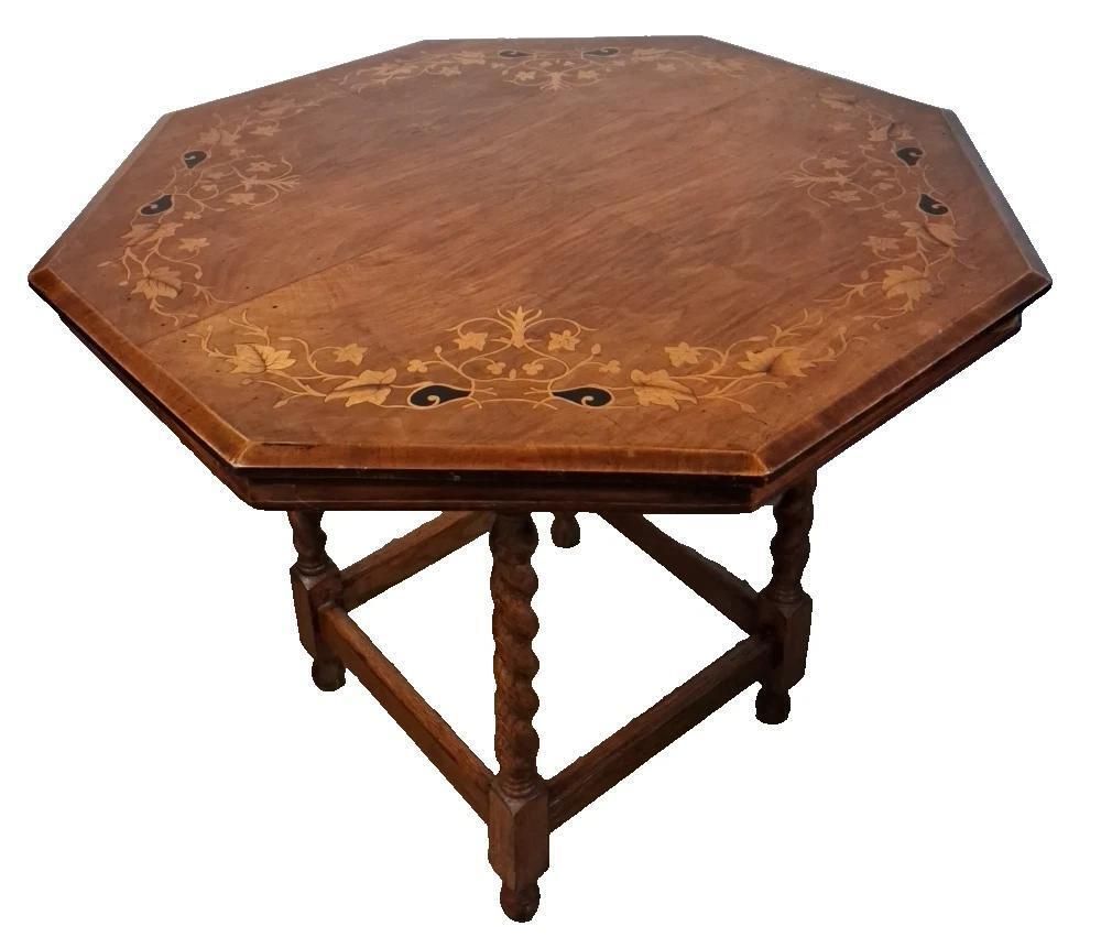 Antique Inlaid Octagonal Occasional Table With Barley Twist Legs