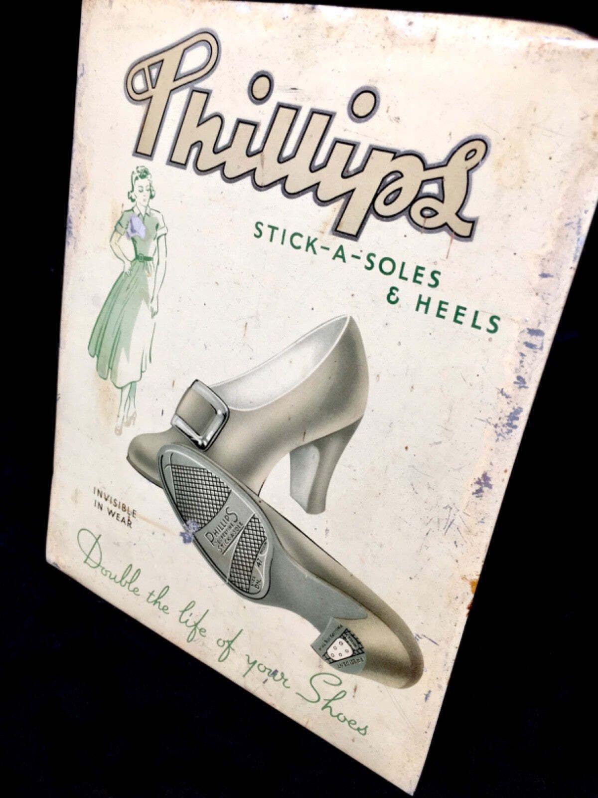 Antique Advertising Phillips Stick A Soles & Heels Showcard  Shoe Shop Sign photo for sale