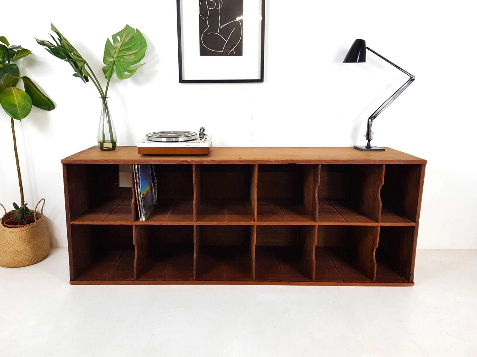 Antique Pine Shelving Unit: Record Player Stand: Vinyl Storage