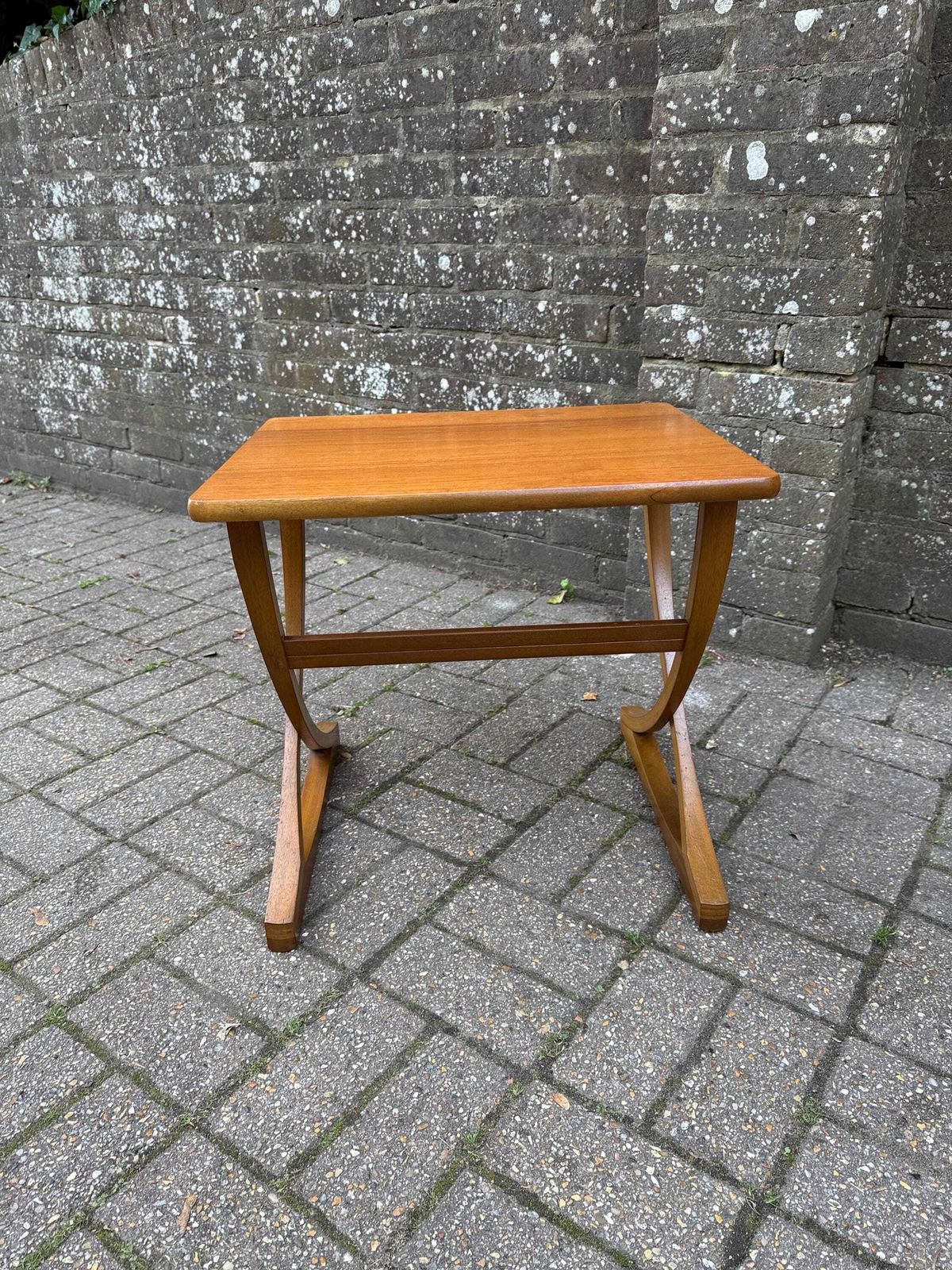Vintage Authentic Nathan Teak X Frame Side Table, Mid Century Modern 1960s Accent Table With Original Label photo vinterior