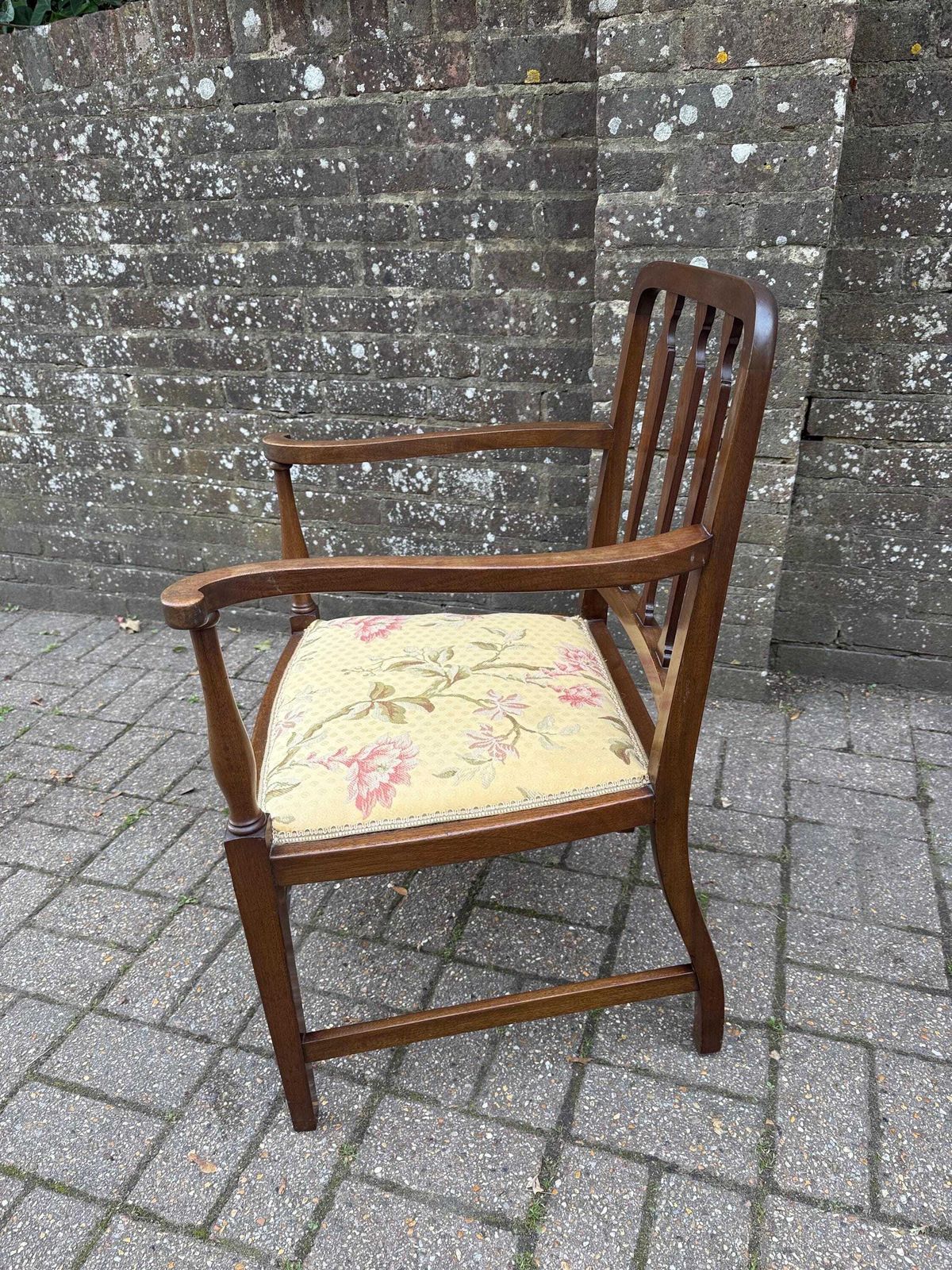 Antique 1920s  30s Edwardian Revival Mahogany Armchair With Floral Upholstery, Antique Carver Chair Early 1900s England photo for sale