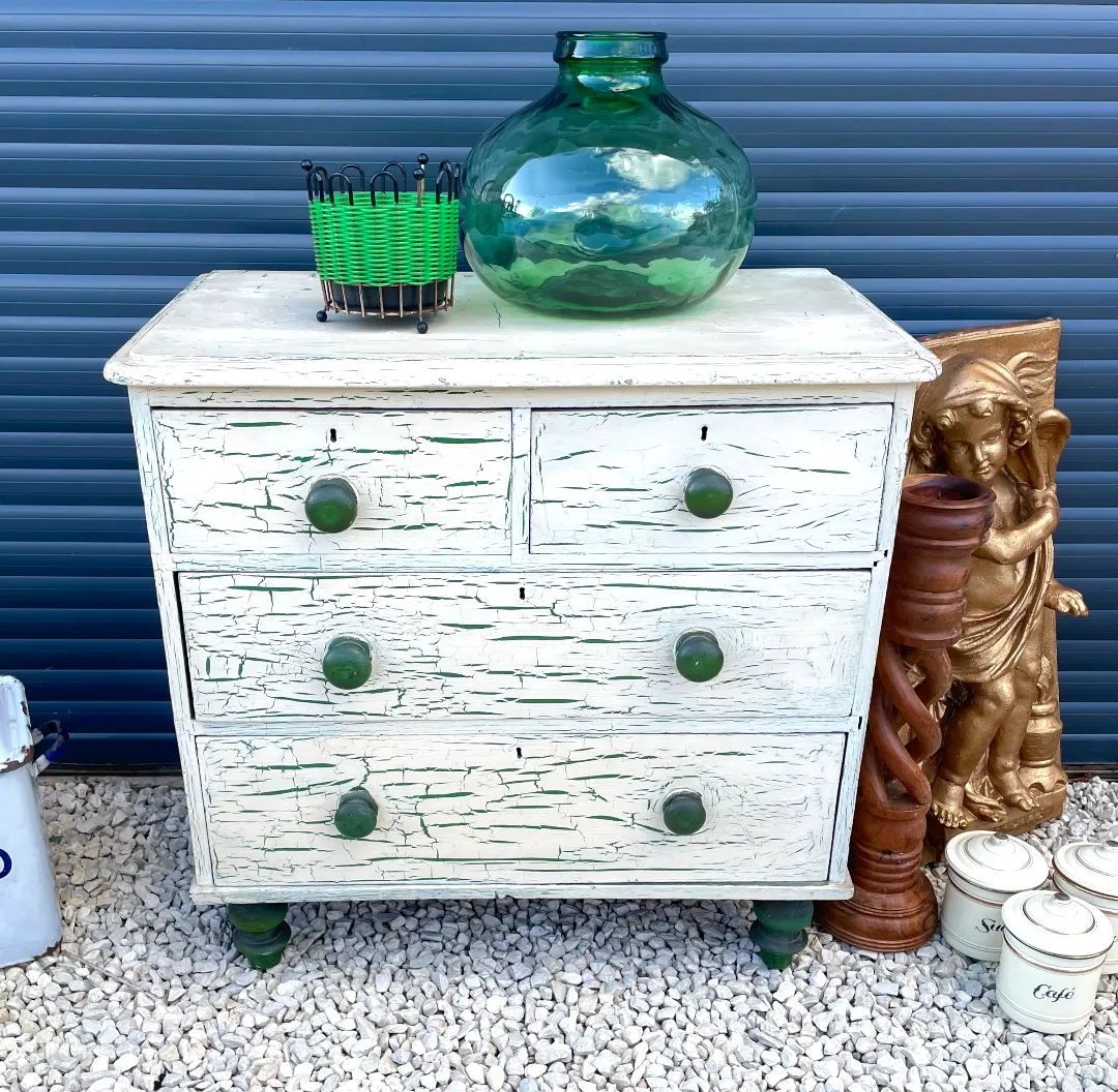 Antique Pine Crackle Glaze Painted Chest Of Drawers