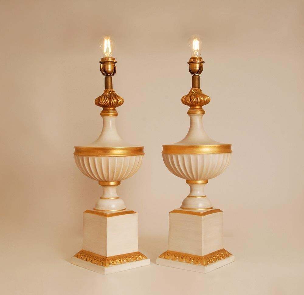 Vintage French Table Lamps White And Gold Ceramic 1970s Vase Lamps Neoclassical photo vinterior