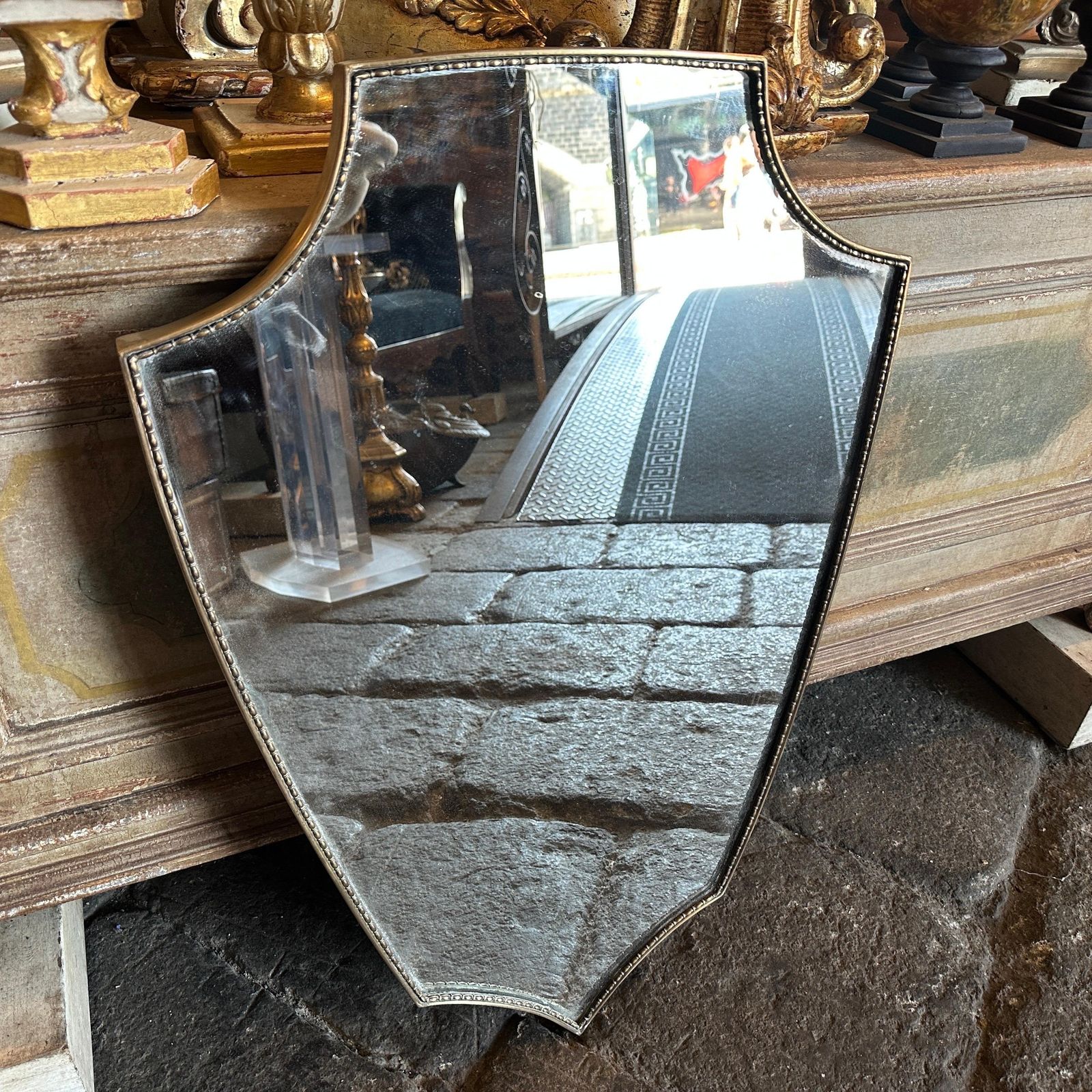 1960s Gio Ponti Style Mid Century Modern Brass Italian Shield Wall Mirror photo furniture