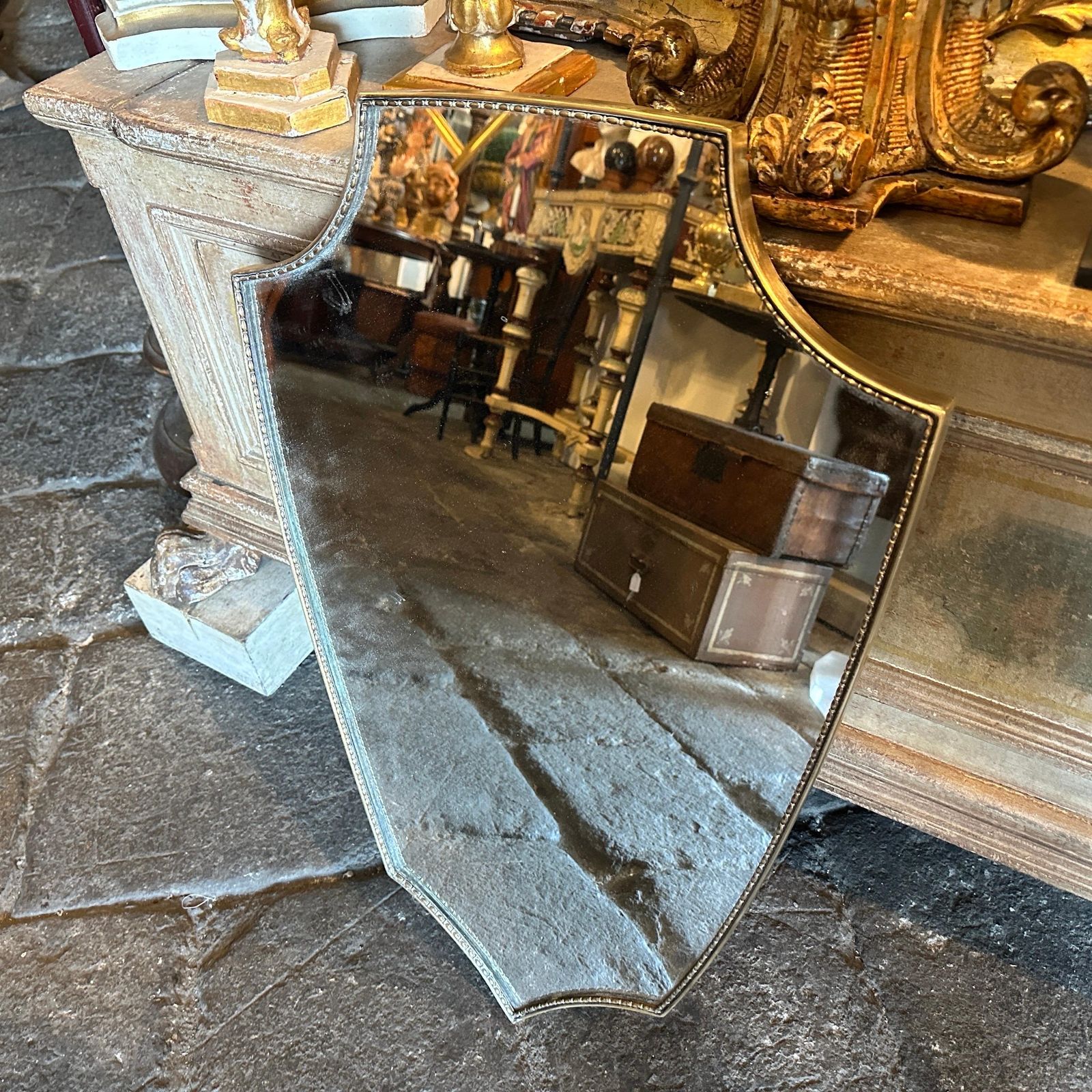 1960s Gio Ponti Style Mid Century Modern Brass Italian Shield Wall Mirror photo for sale
