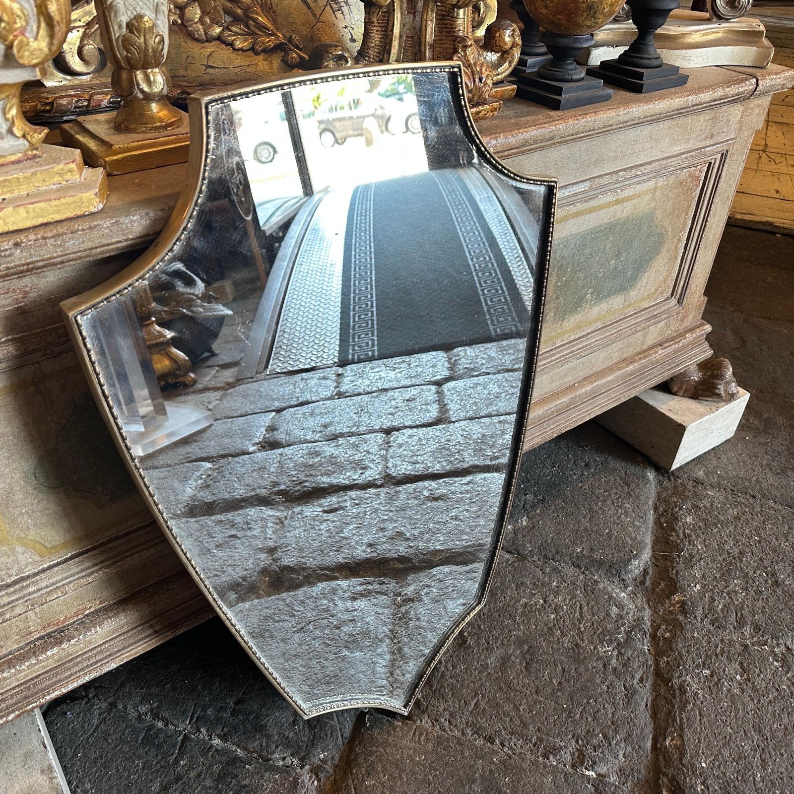 photo furniture 1960s Gio Ponti Style Mid Century Modern Brass Italian Shield Wall Mirror