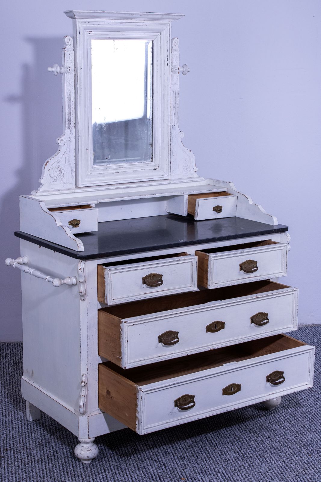 photo for sale Antique White Pine Chest Of 4 Drawers With Marble Top And Mirror, Late 19th Century