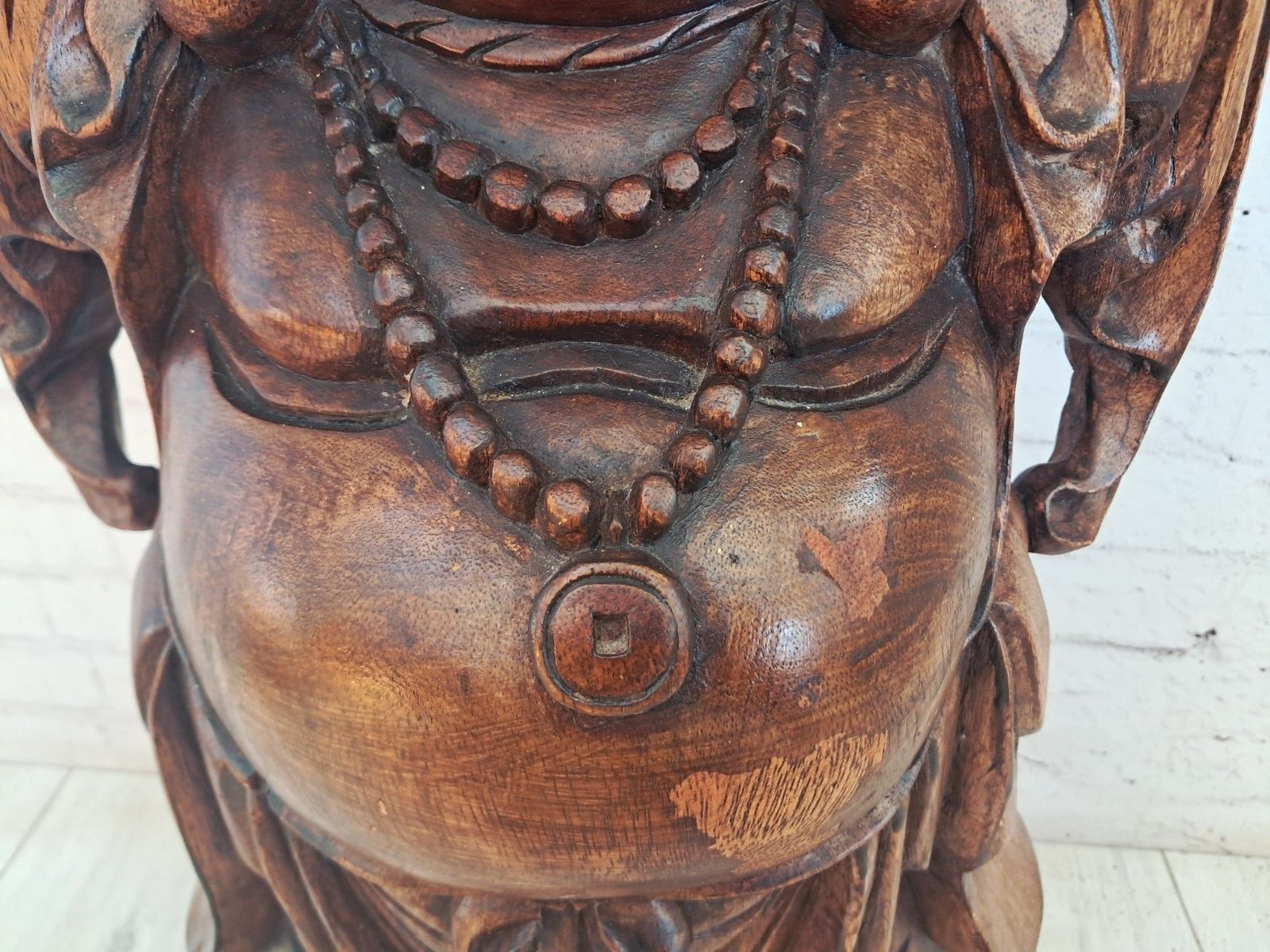 Vintage Lucky Wooden Laughing Buddha Large Hand Carved On World Golden Nugget photo vintage
