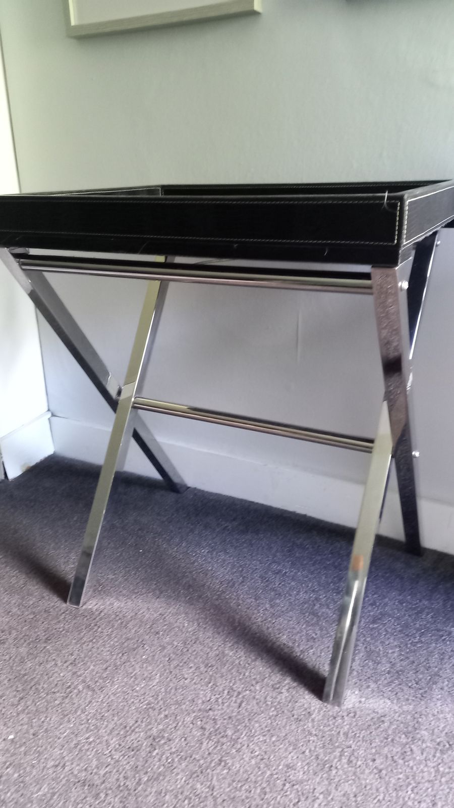 Side Table In Black Faux Crocodile Leather Patina With Chrome Crossover Legs photo vintage