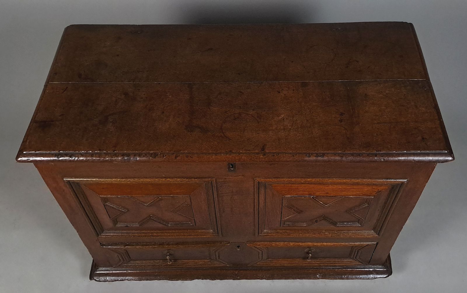 photo furniture Signed Original Period Charles II Oak Mule Chest C. 1665