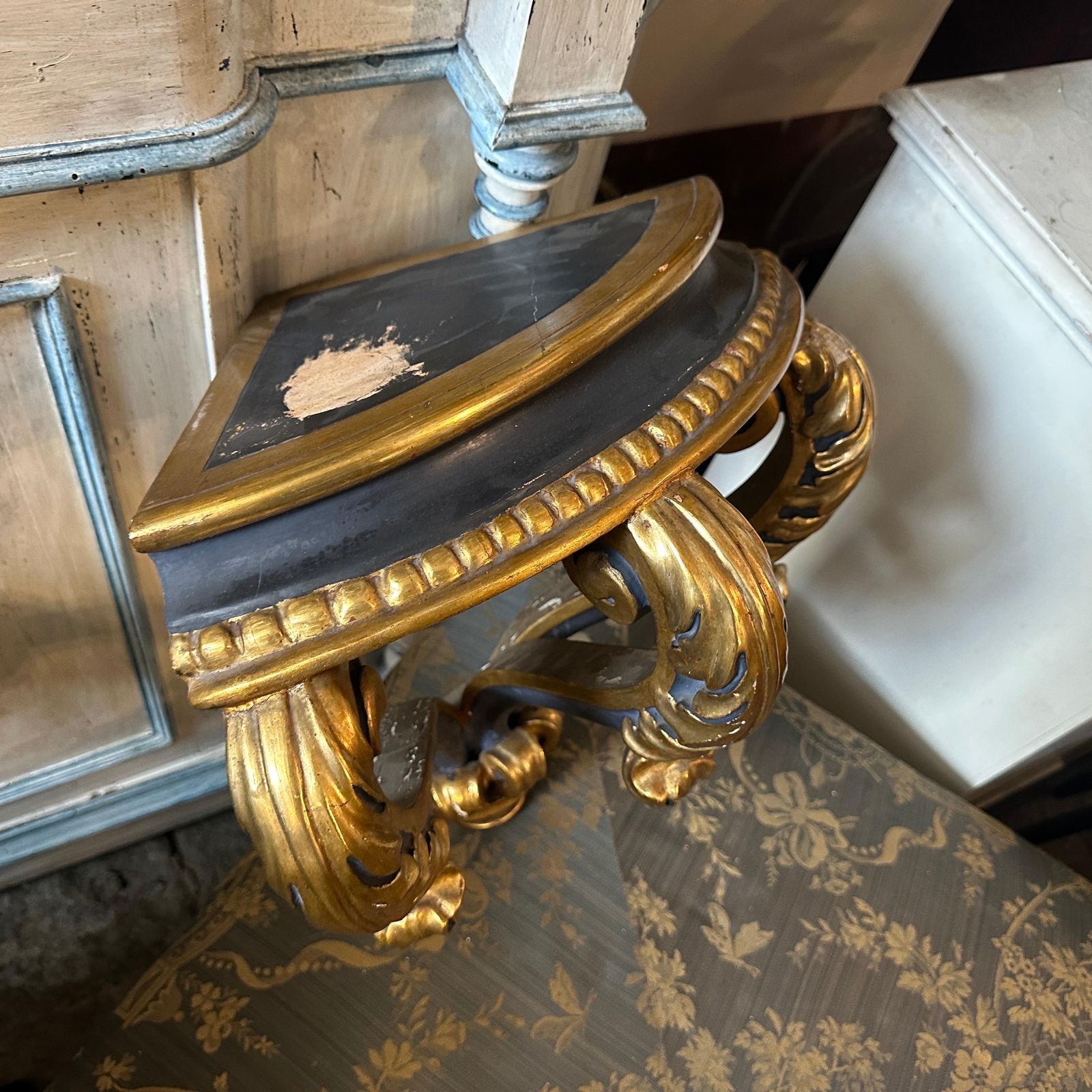 Baroque Revival Blue Lacquered And Gilded Wood Italian Corner Console Table photo buy