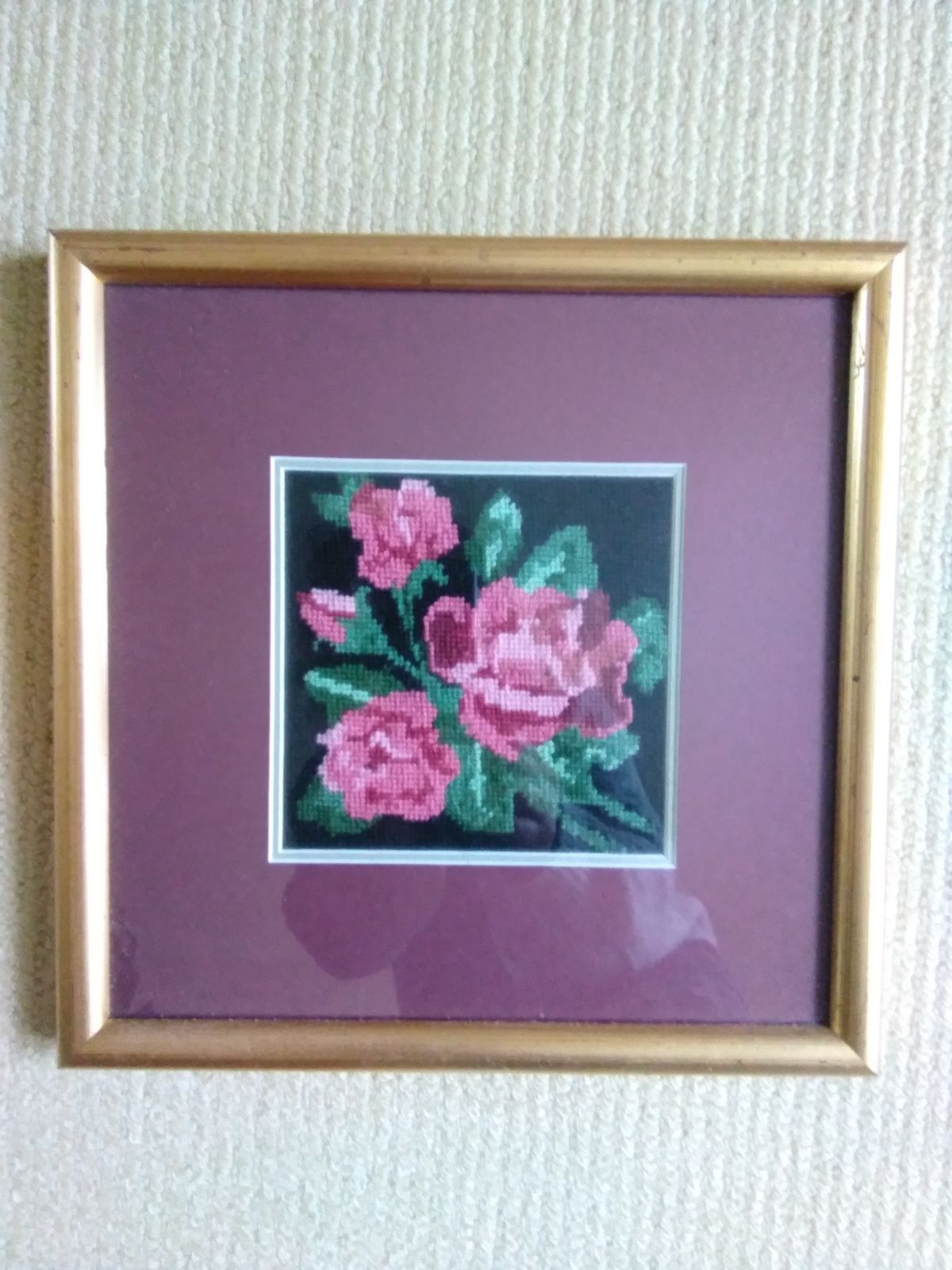 Pink Purple Red Rose Gold Framed Hand Cross Stitch Tapestry Picture