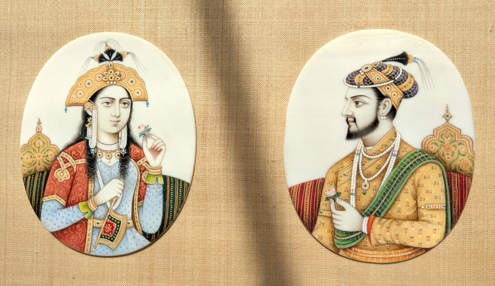 Antique Set Of Six Indian Hand Painted Mughal Portraits Showing Emperors And Their Wives photo vintage
