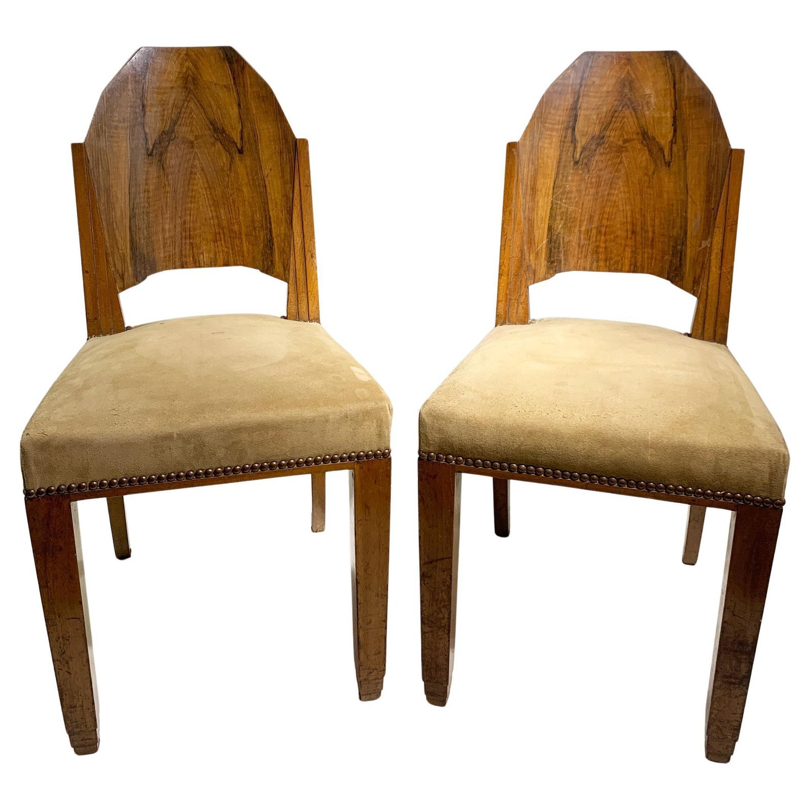 Pair Of Art Deco Side Chairs With Geometric Backs, France, Circa 1930s