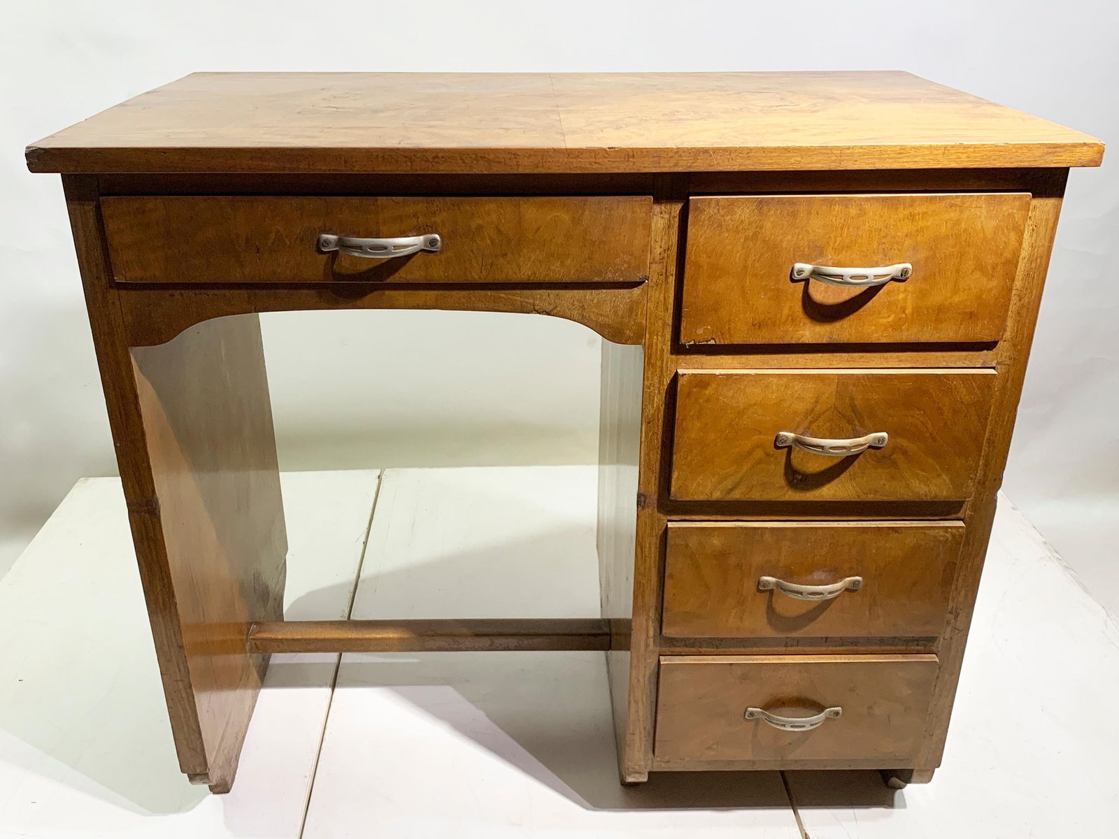 Mid 20th Century Figured Wood Desk In Walnut With Five Drawers, Circa 1940 photo furniture
