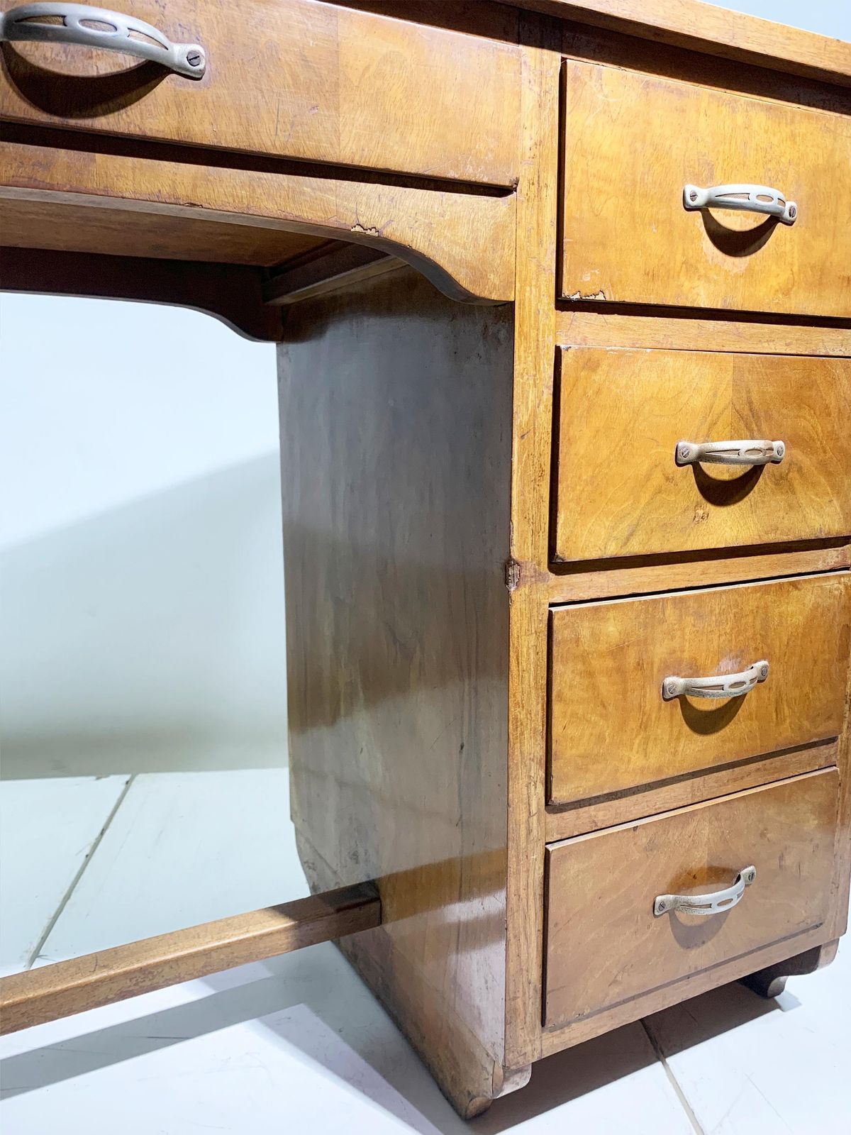 Mid 20th Century Figured Wood Desk In Walnut With Five Drawers, Circa 1940 photo vintage