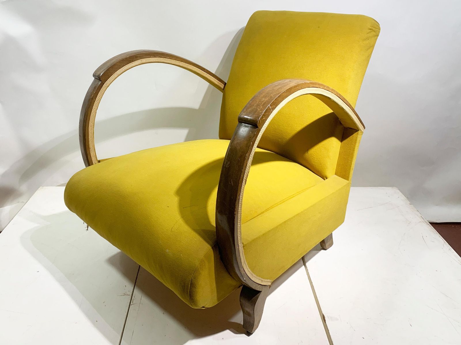 Mid 20th Century Art Deco Lounge Chair, In Bentwood/Yellow Green Fabric, 1930's photo furniture