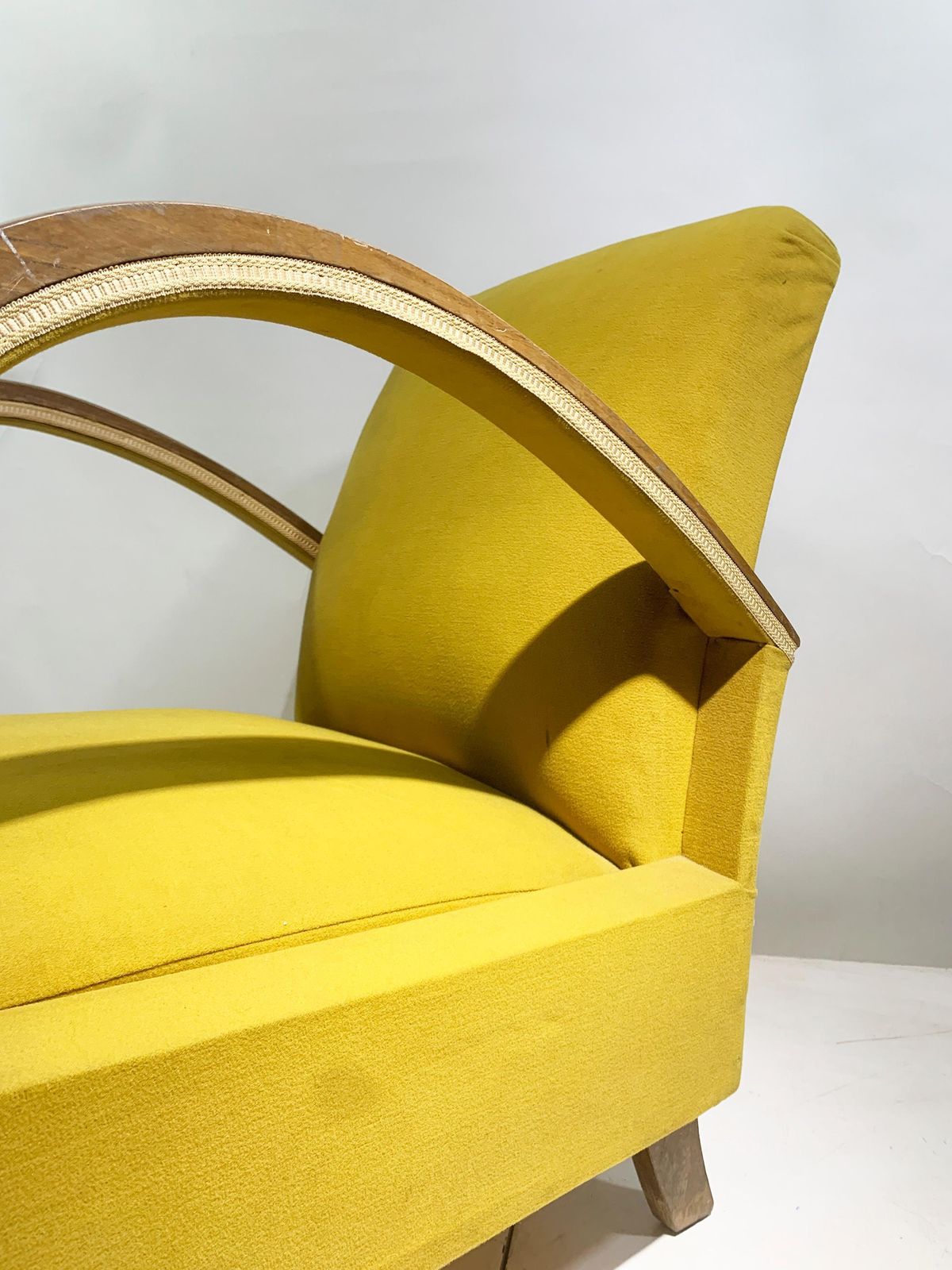 Mid 20th Century Art Deco Lounge Chair, In Bentwood/Yellow Green Fabric, 1930's photo vintage